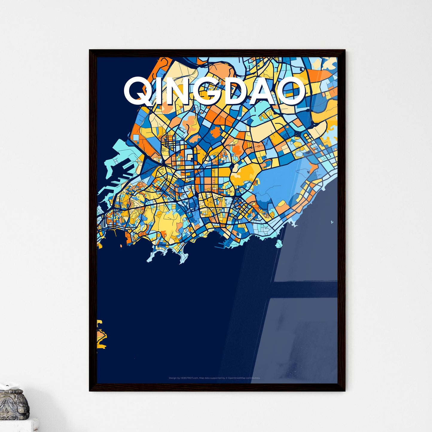 QINGDAO CHINA Vibrant Colorful Art Map Poster Blue Orange