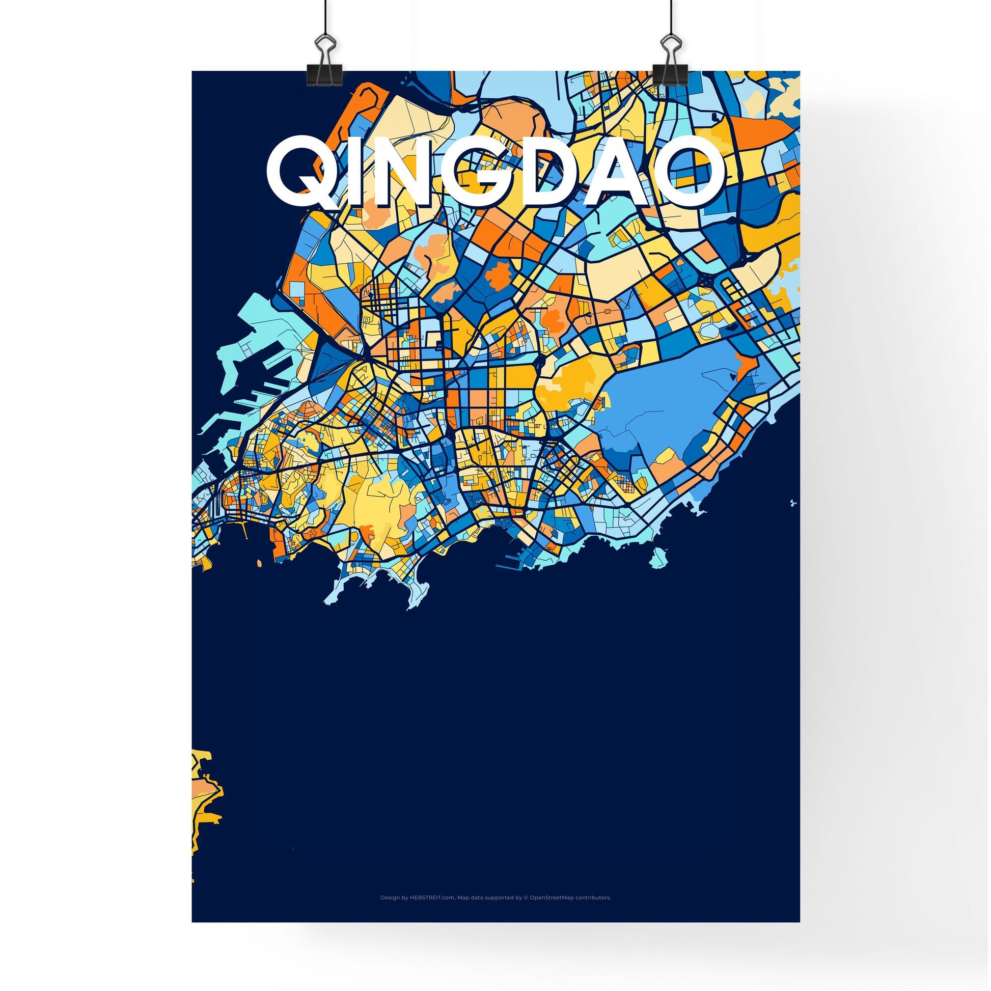 QINGDAO CHINA Vibrant Colorful Art Map Poster Blue Orange