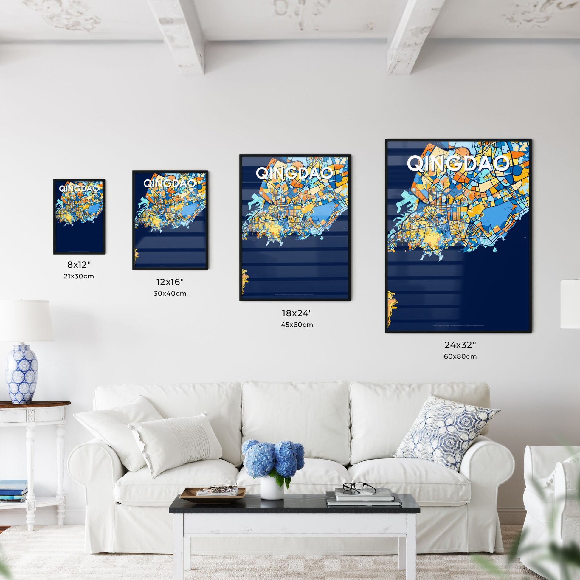 QINGDAO CHINA Vibrant Colorful Art Map Poster Blue Orange