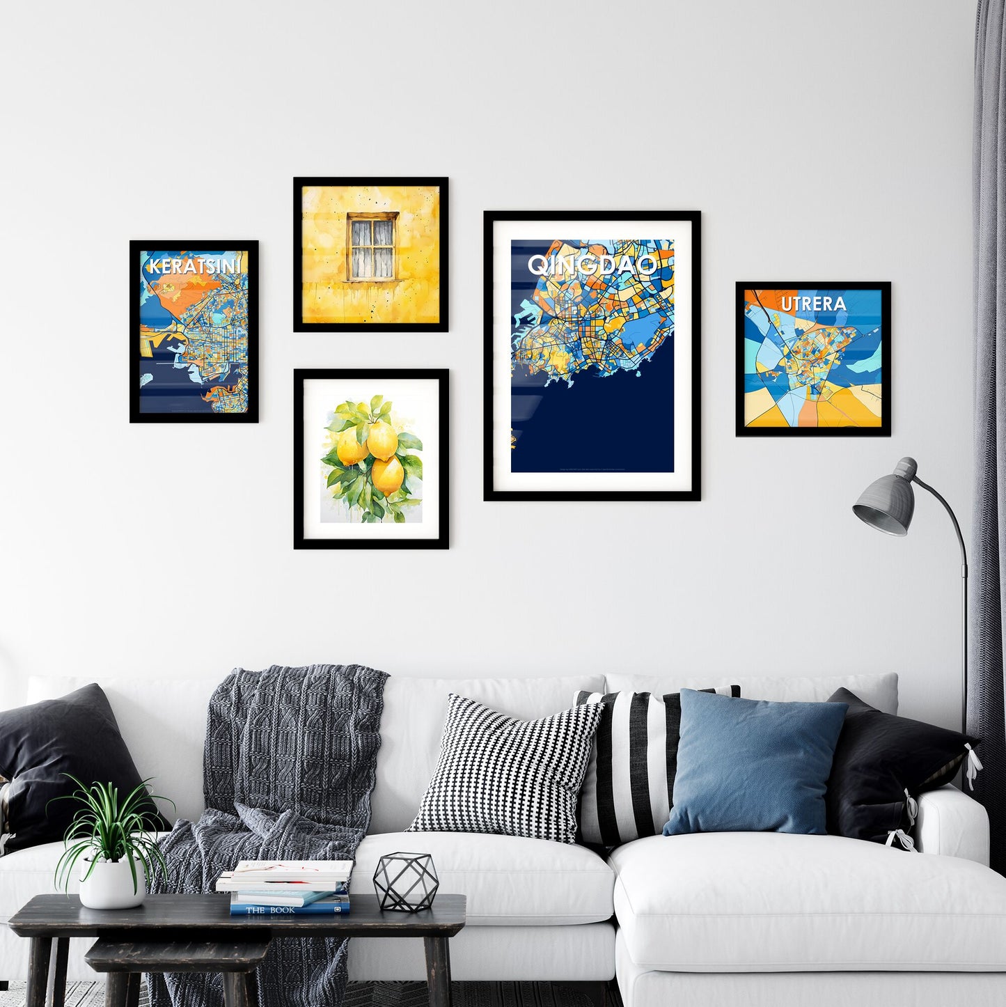 QINGDAO CHINA Vibrant Colorful Art Map Poster Blue Orange