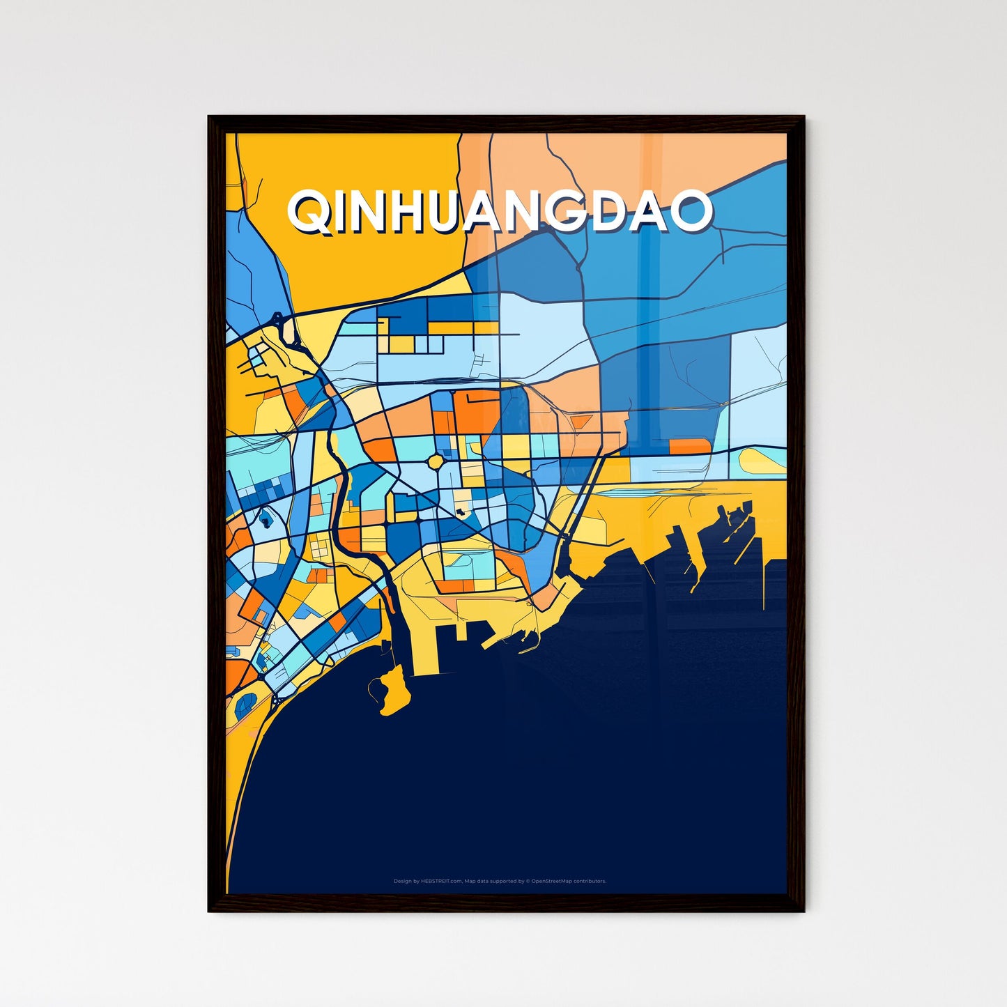 QINHUANGDAO CHINA Vibrant Colorful Art Map Poster Blue Orange