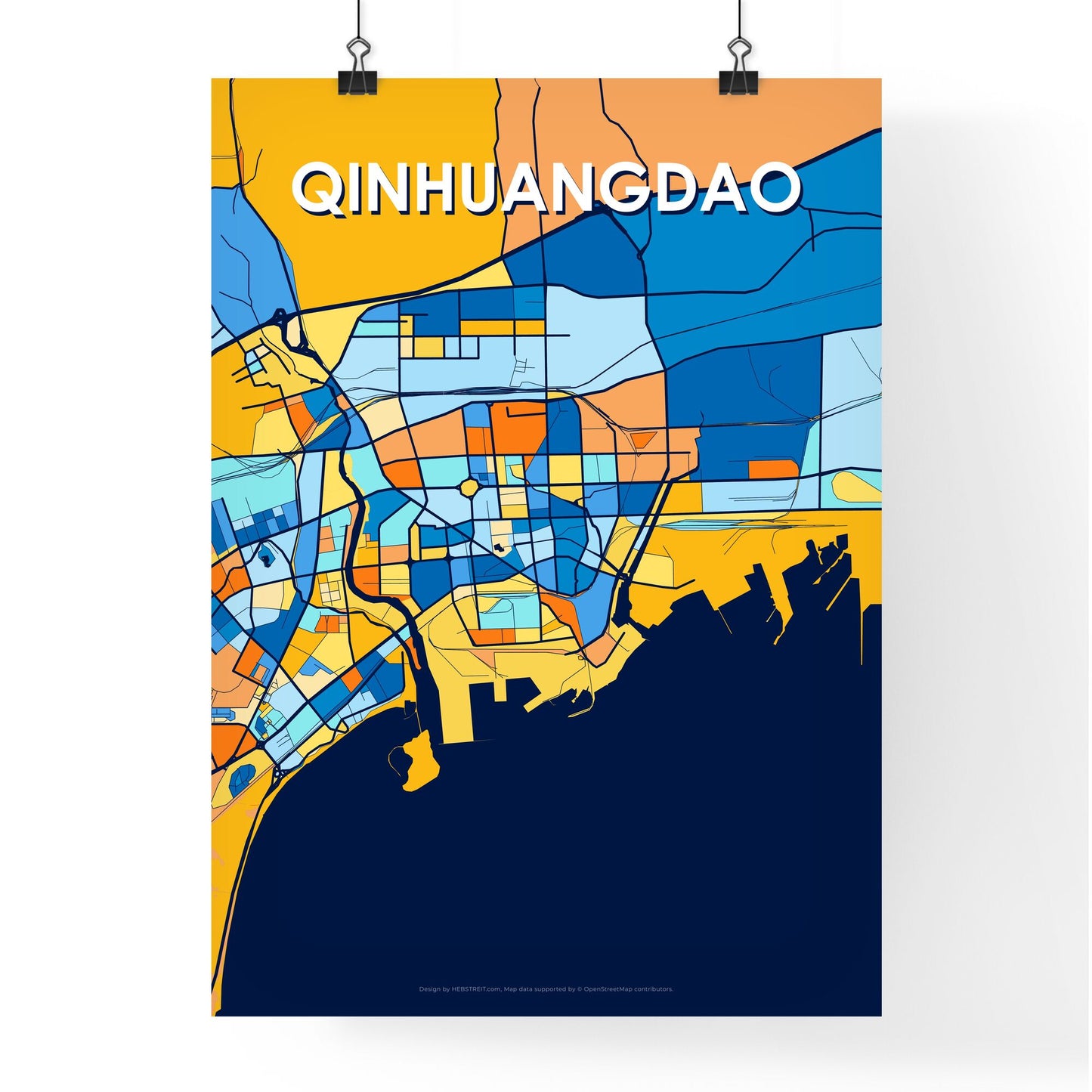 QINHUANGDAO CHINA Vibrant Colorful Art Map Poster Blue Orange