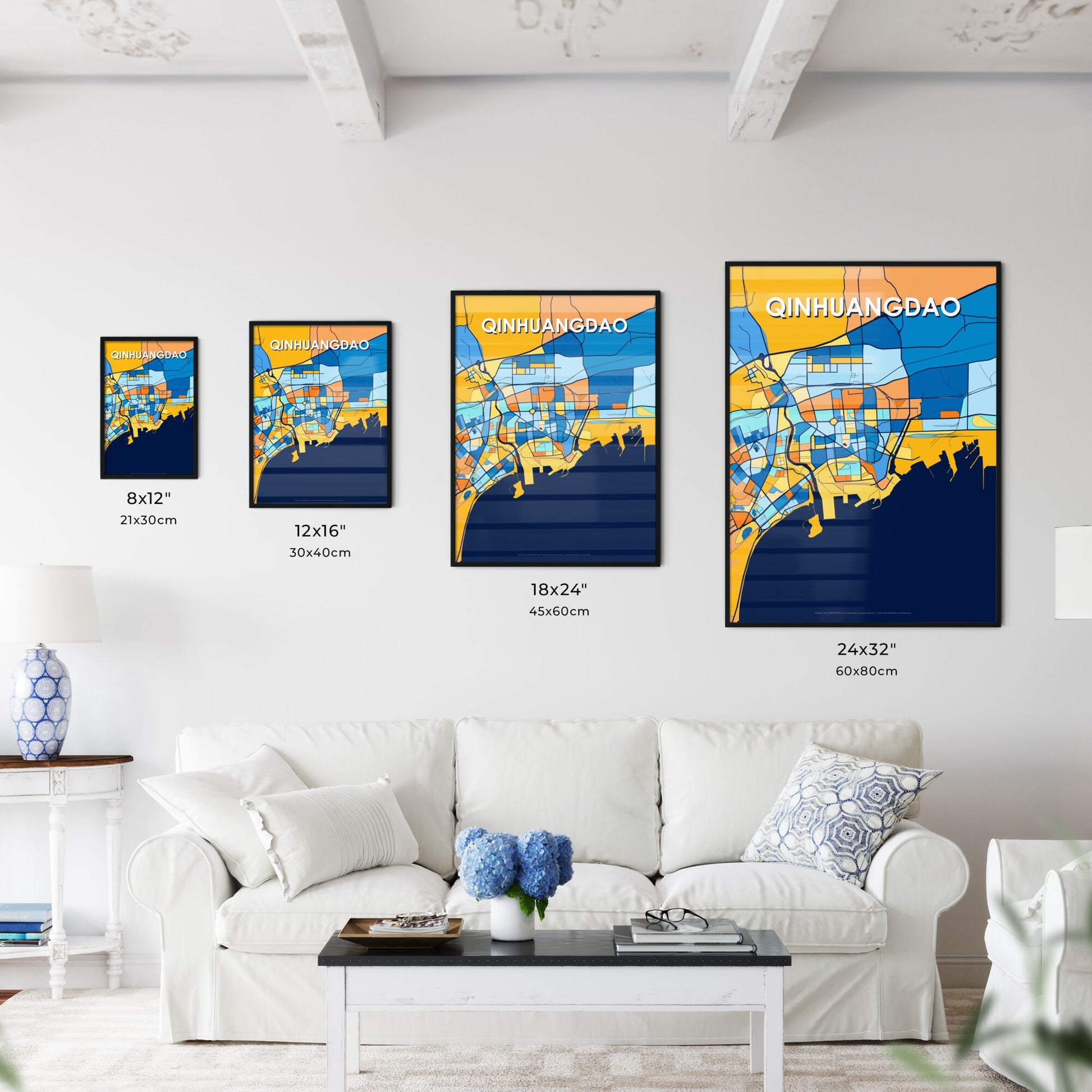 QINHUANGDAO CHINA Vibrant Colorful Art Map Poster Blue Orange