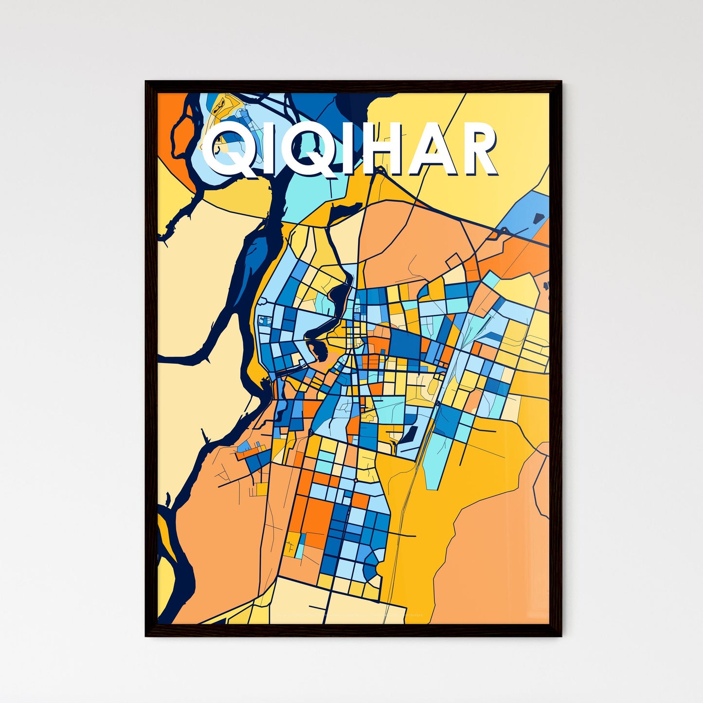 QIQIHAR CHINA Vibrant Colorful Art Map Poster Blue Orange