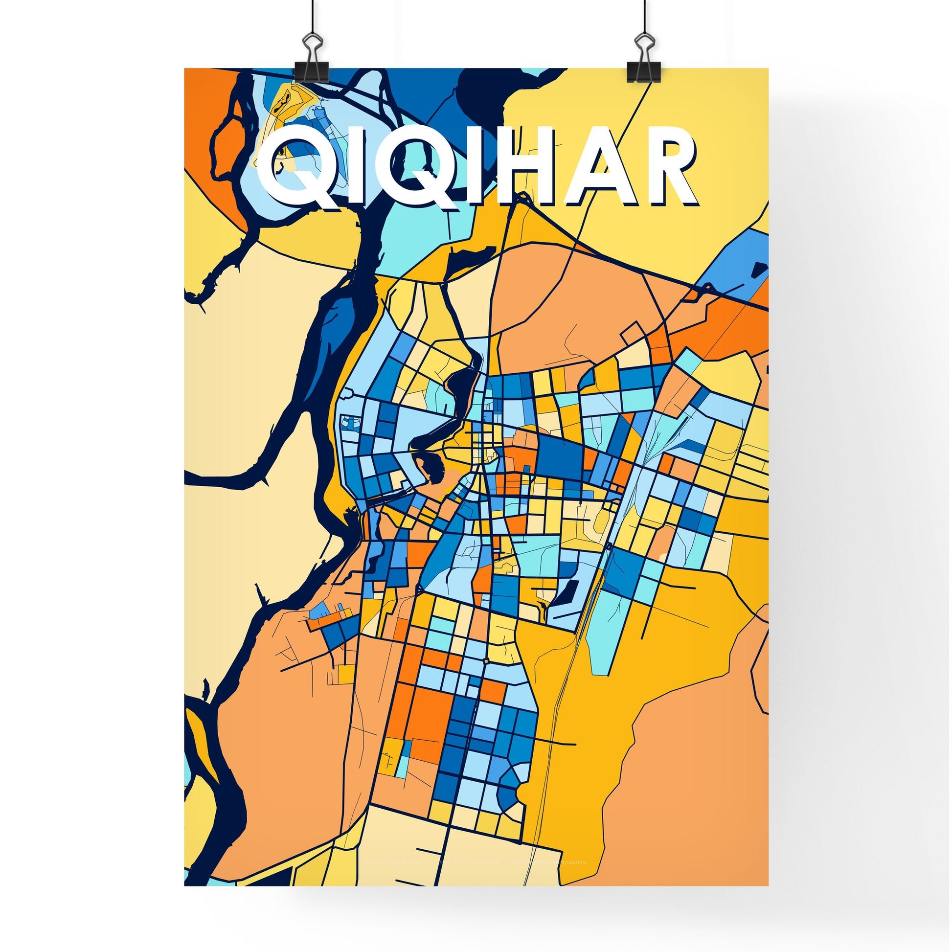 QIQIHAR CHINA Vibrant Colorful Art Map Poster Blue Orange