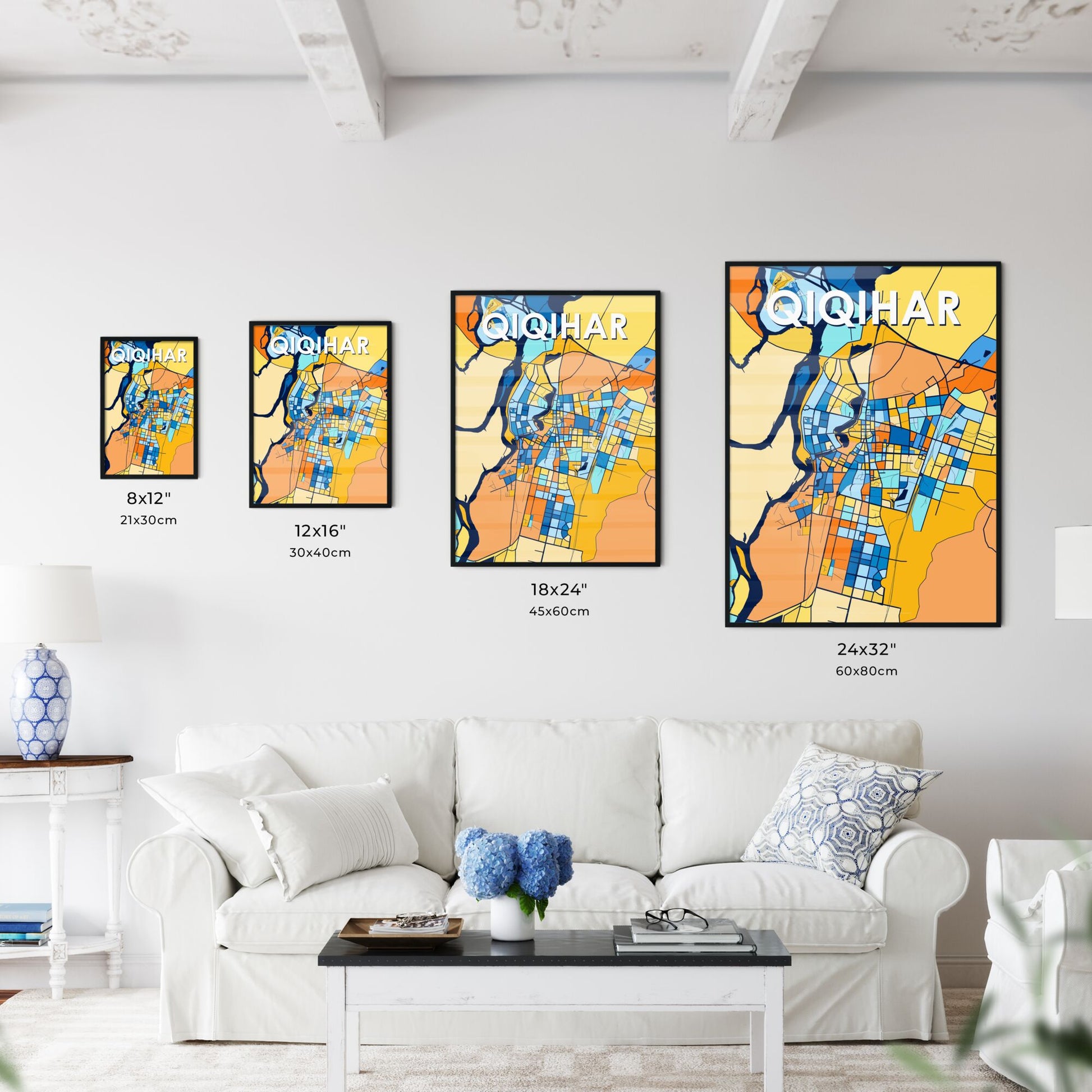 QIQIHAR CHINA Vibrant Colorful Art Map Poster Blue Orange