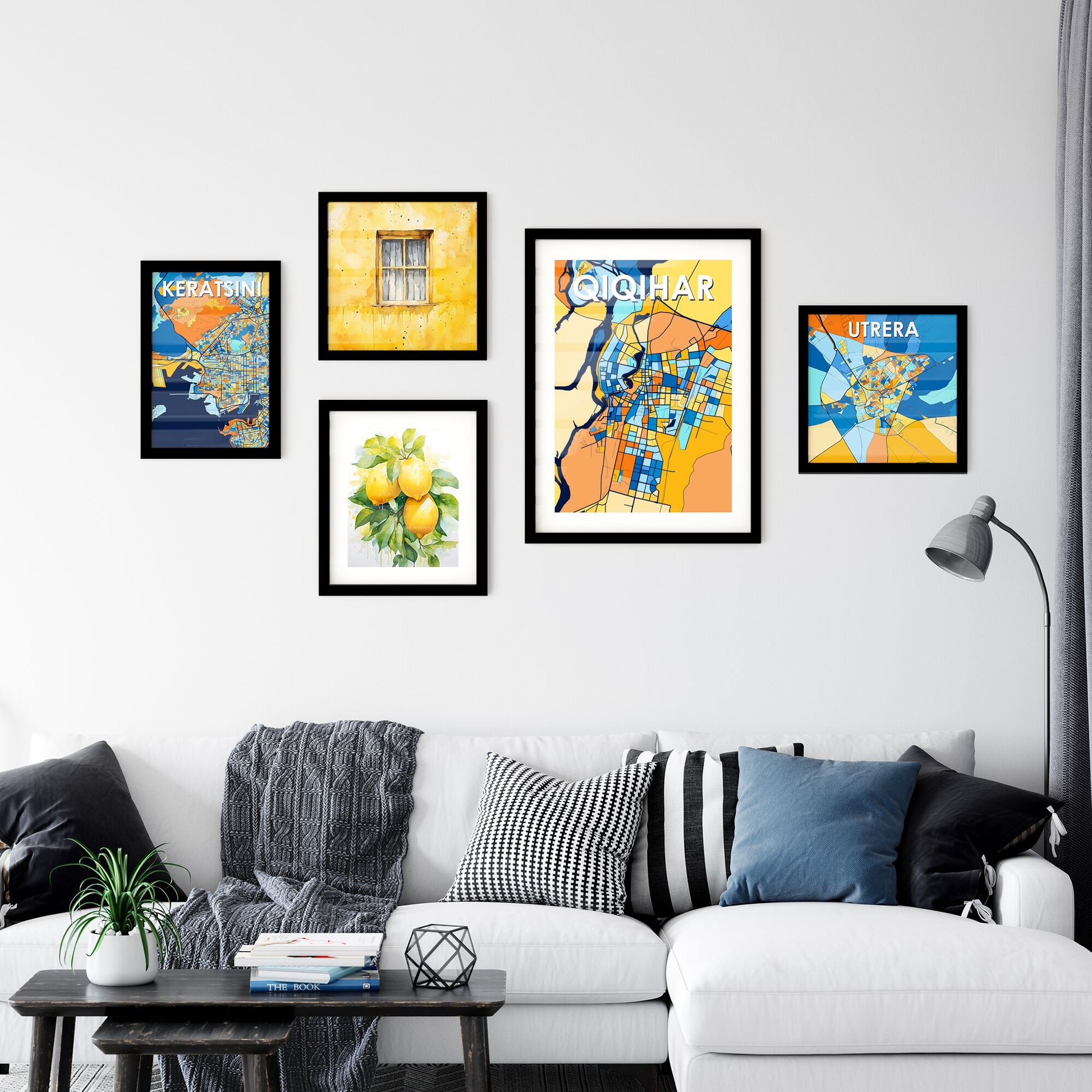 QIQIHAR CHINA Vibrant Colorful Art Map Poster Blue Orange