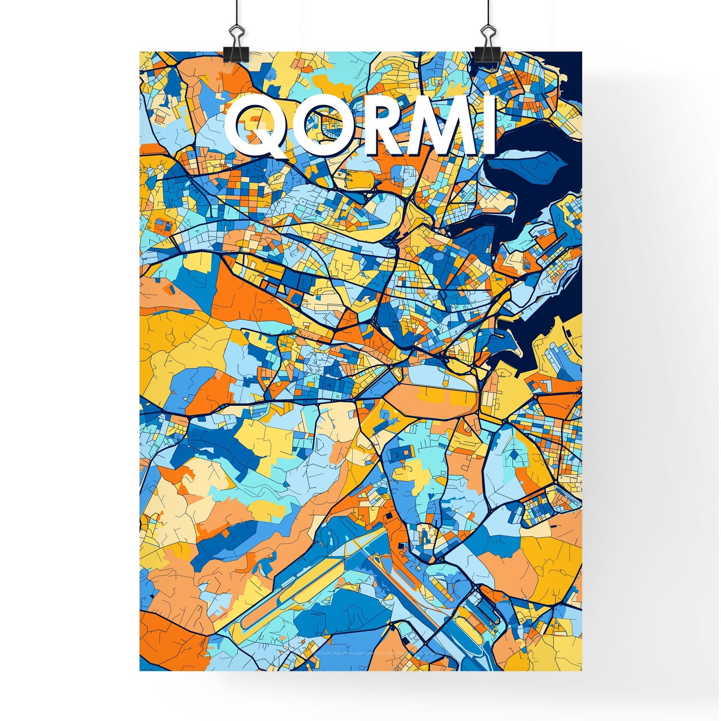 QORMI MALTA Vibrant Colorful Art Map Poster Blue Orange