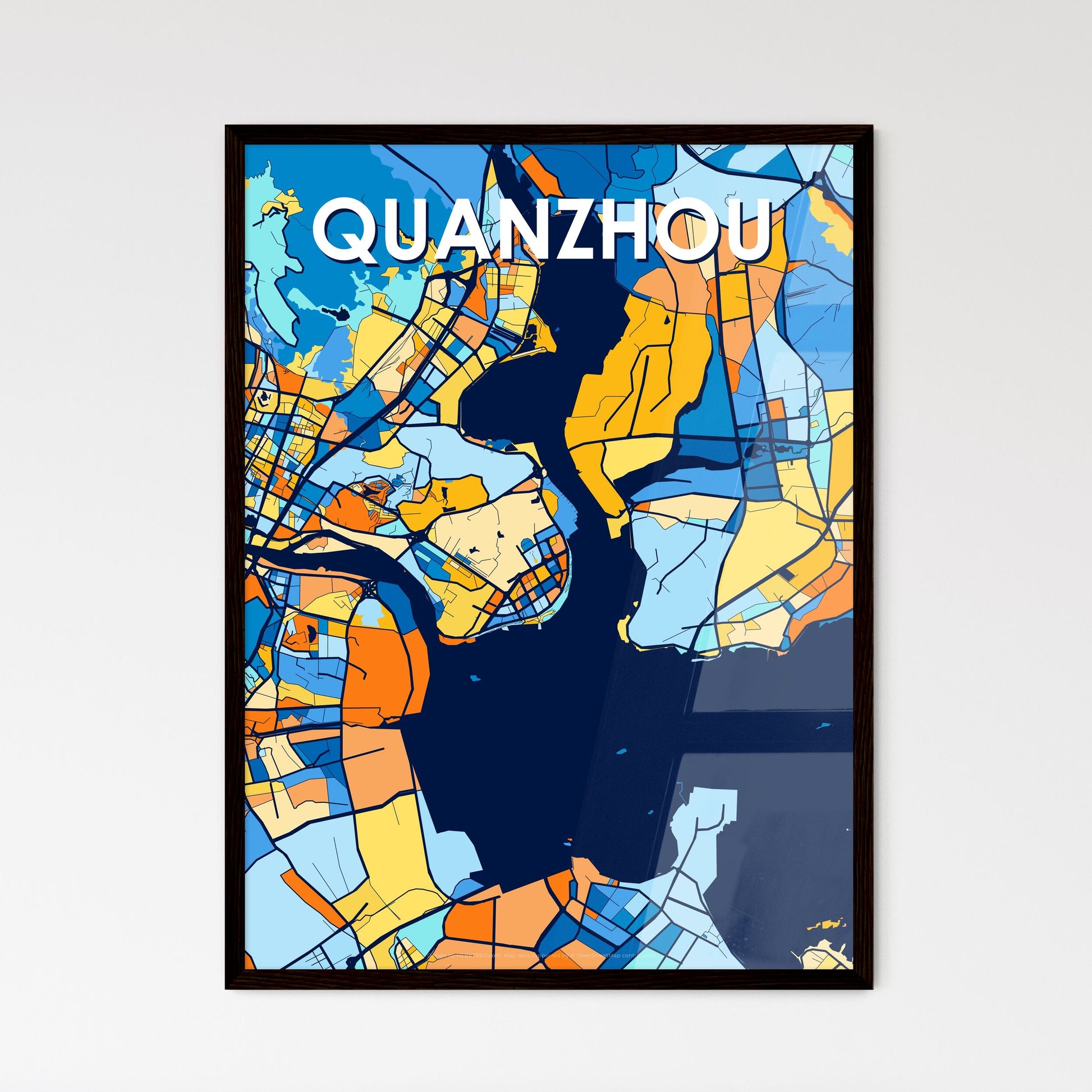 QUANZHOU CHINA Vibrant Colorful Art Map Poster Blue Orange