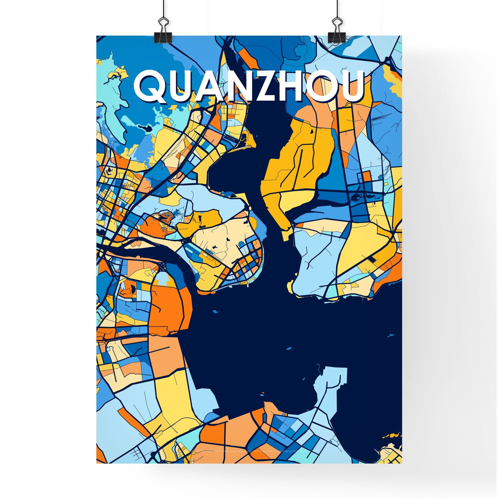 QUANZHOU CHINA Vibrant Colorful Art Map Poster Blue Orange