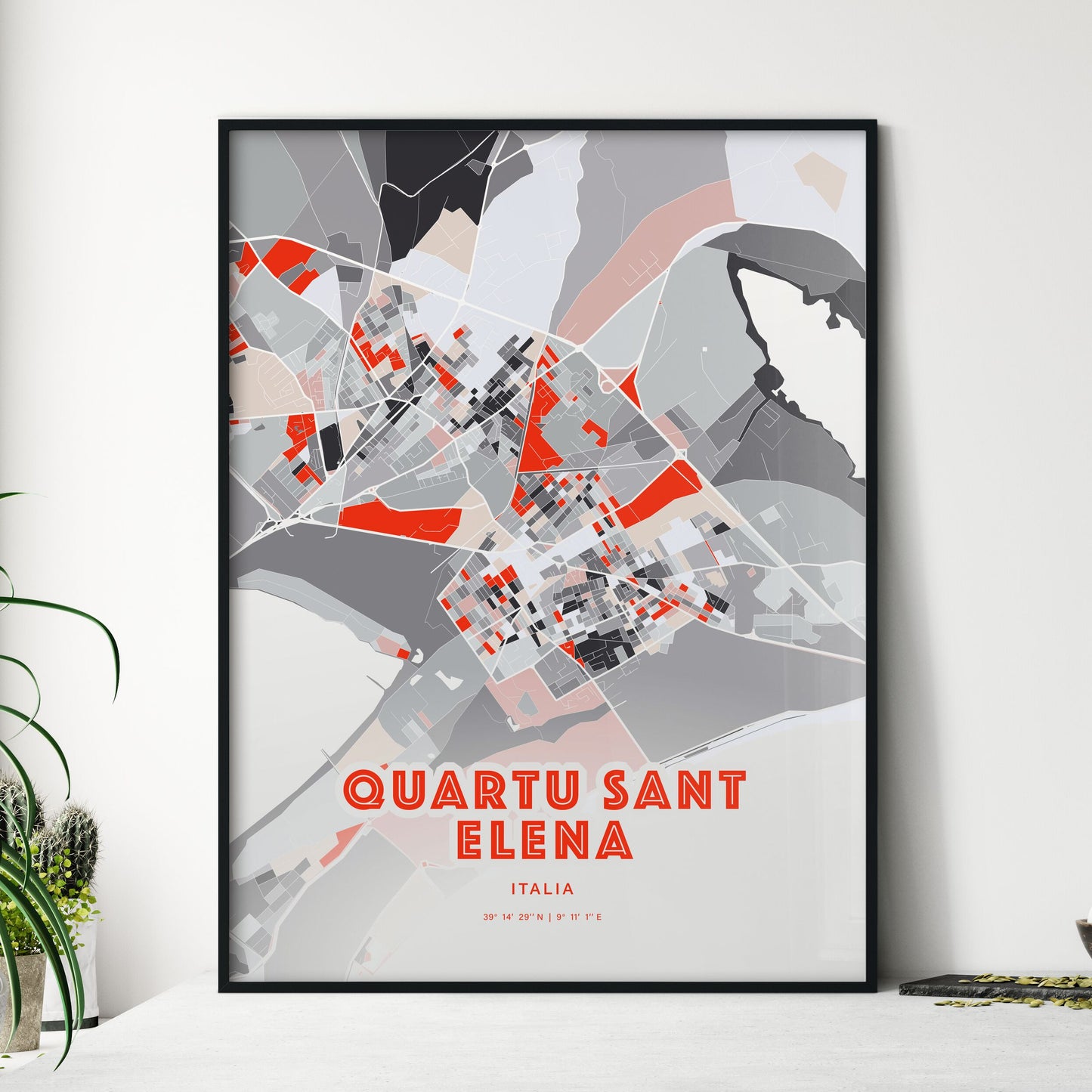 Colorful Quartu Sant Elena Italy Fine Art Map Modern Expressive