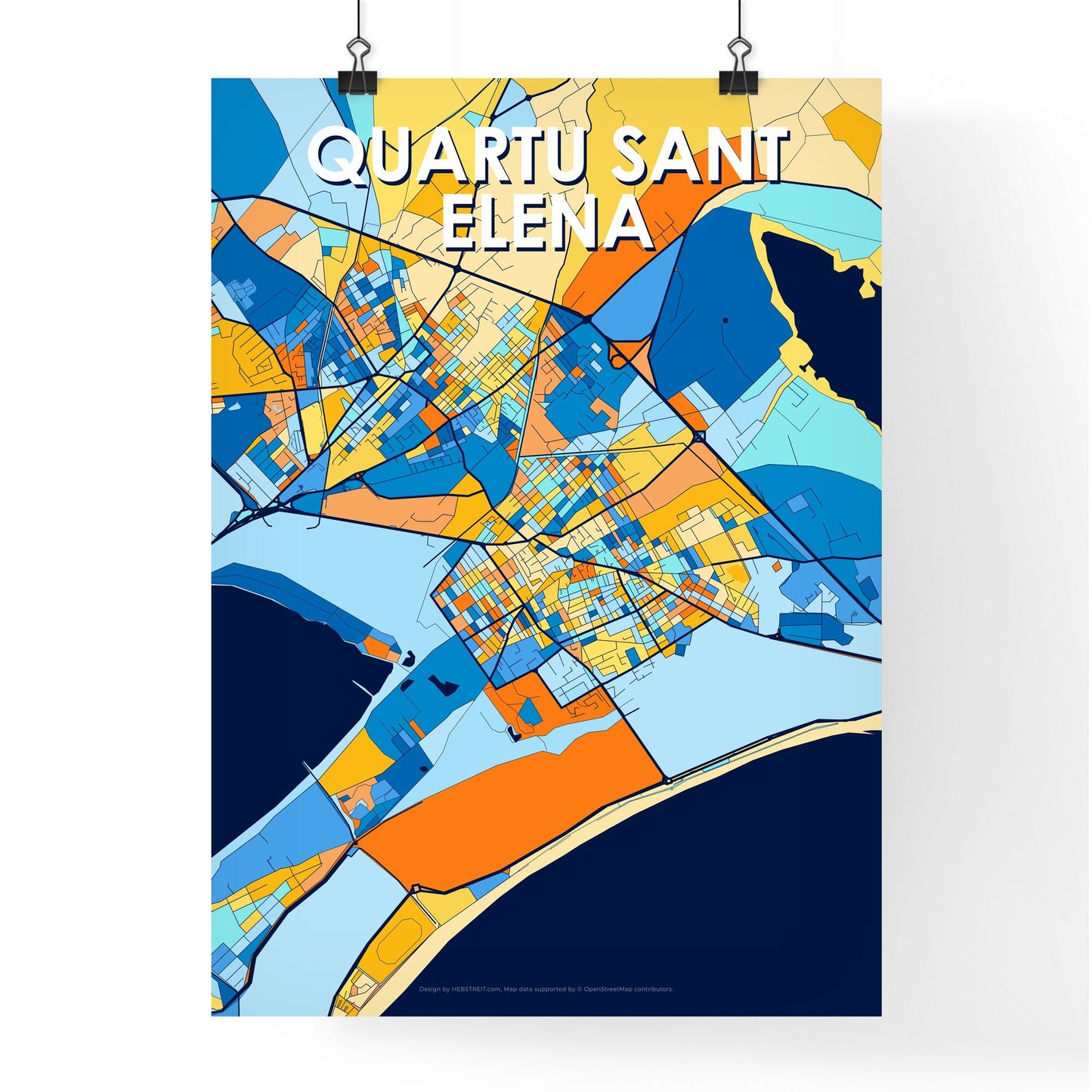 QUARTU SANT ELENA ITALY Vibrant Colorful Art Map Poster Blue Orange