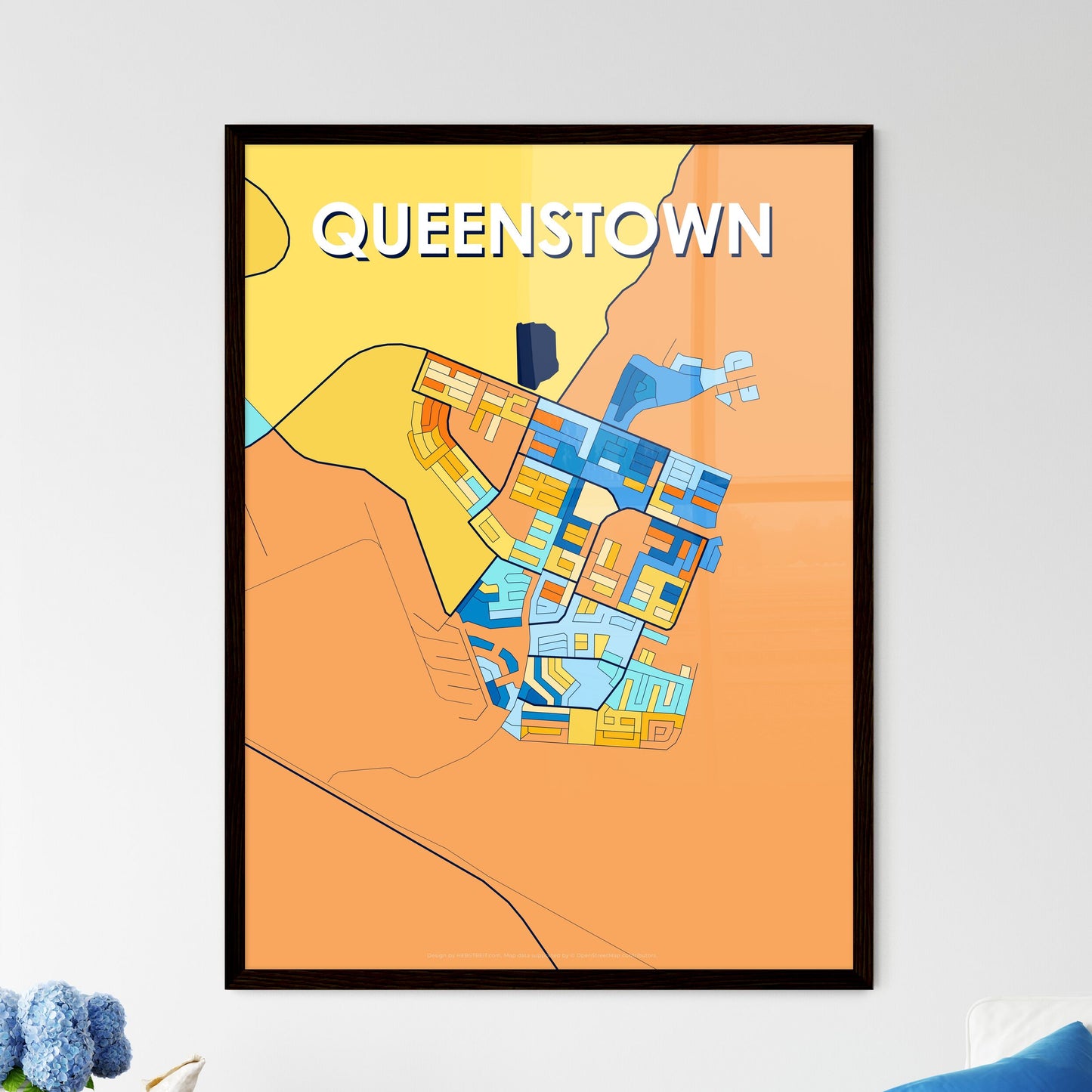 QUEENSTOWN SOUTH AFRICA Vibrant Colorful Art Map Poster Blue Orange