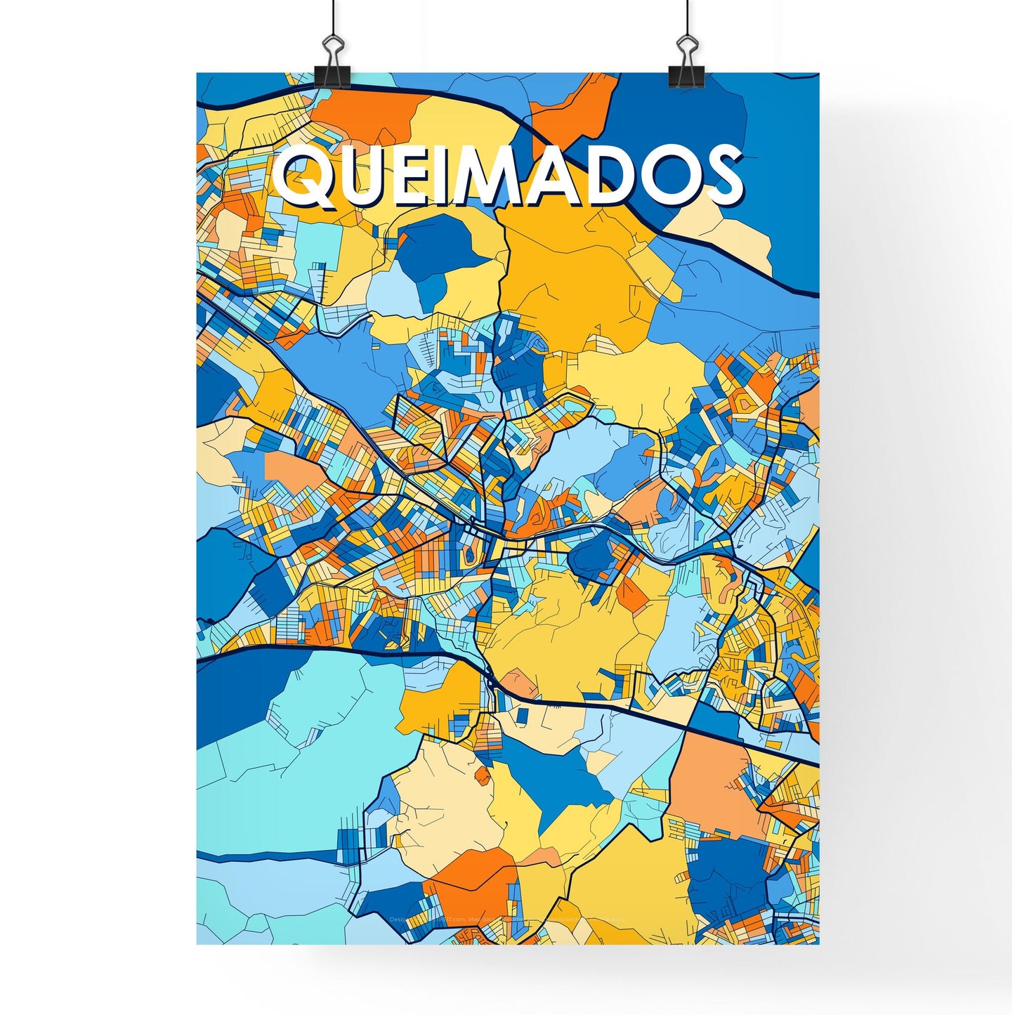 QUEIMADOS BRAZIL Vibrant Colorful Art Map Poster Blue Orange