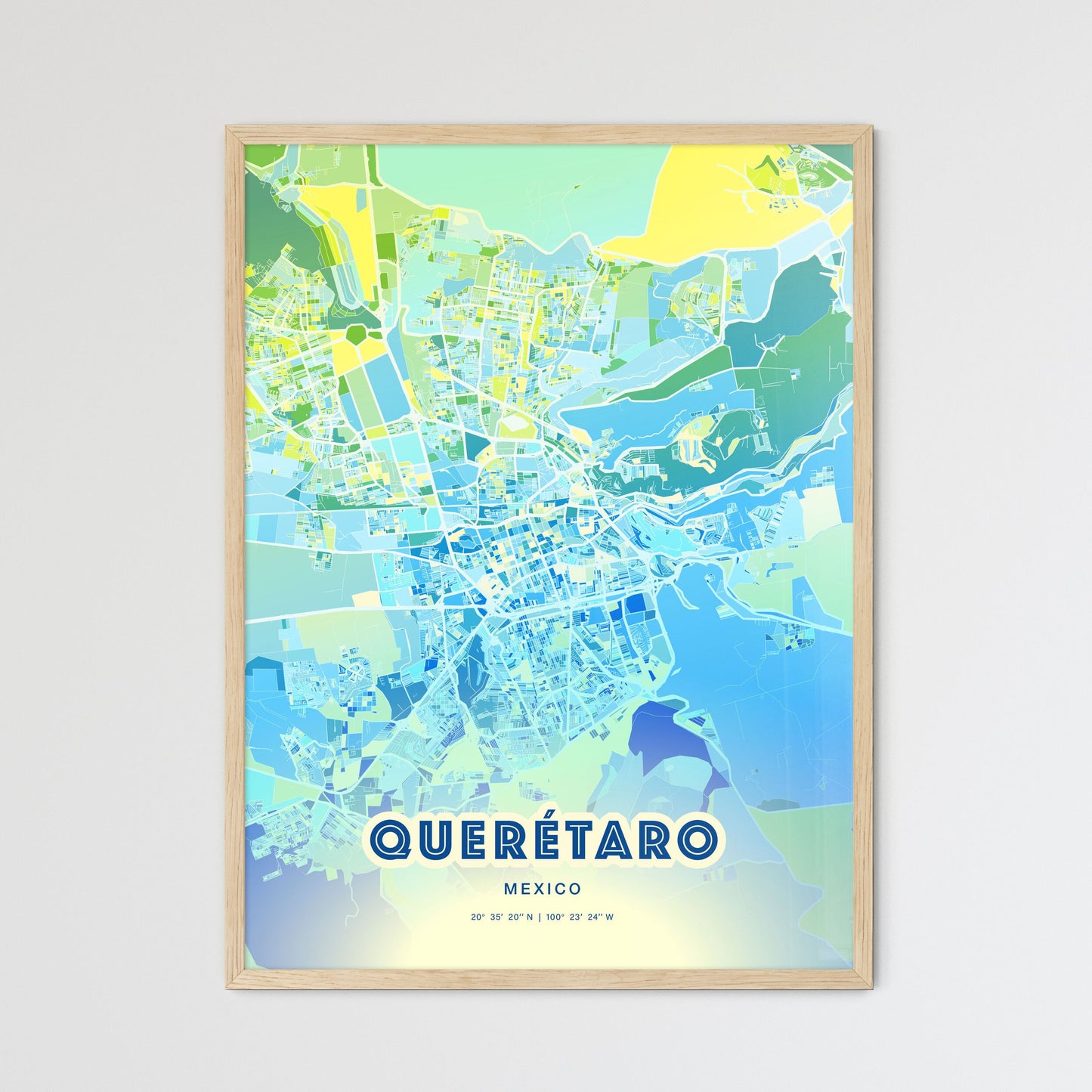 Colorful Querétaro Mexico Fine Art Map Cool Blue