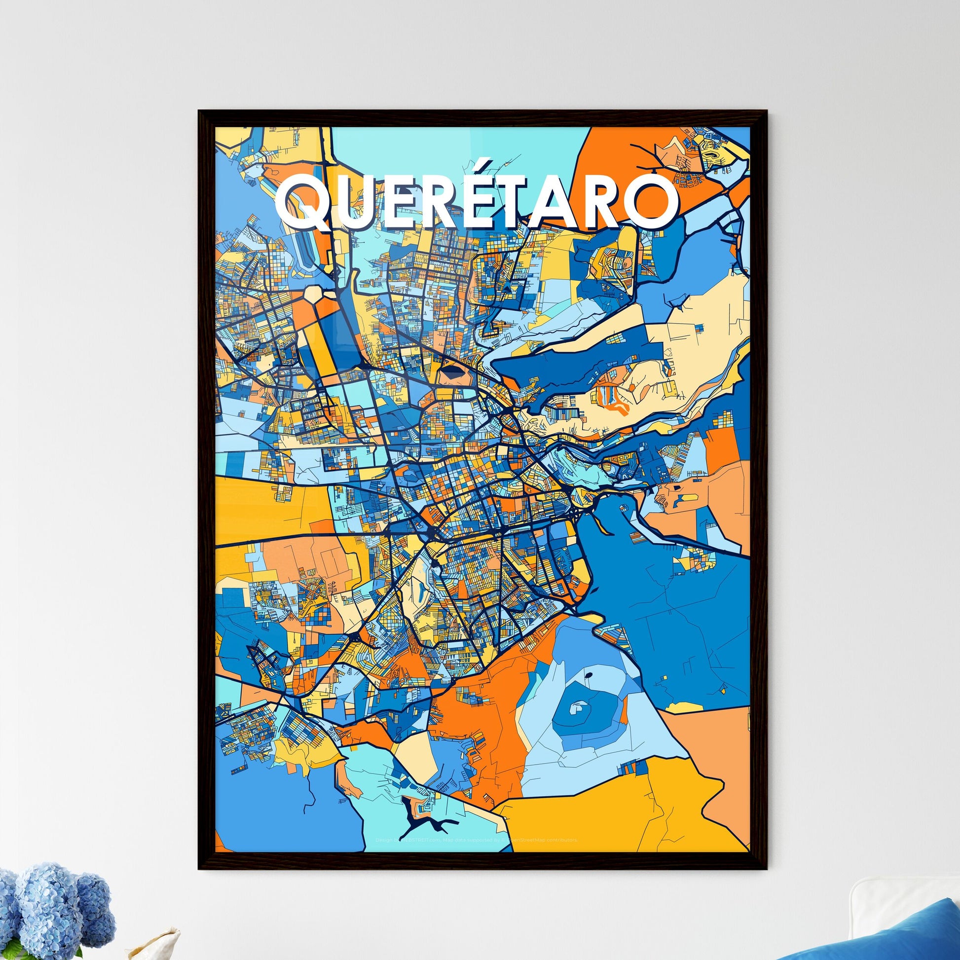 QUERÉTARO MEXICO Vibrant Colorful Art Map Poster Blue Orange