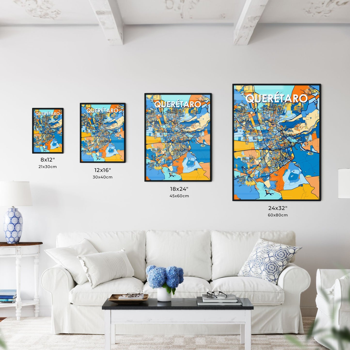 QUERÉTARO MEXICO Vibrant Colorful Art Map Poster Blue Orange