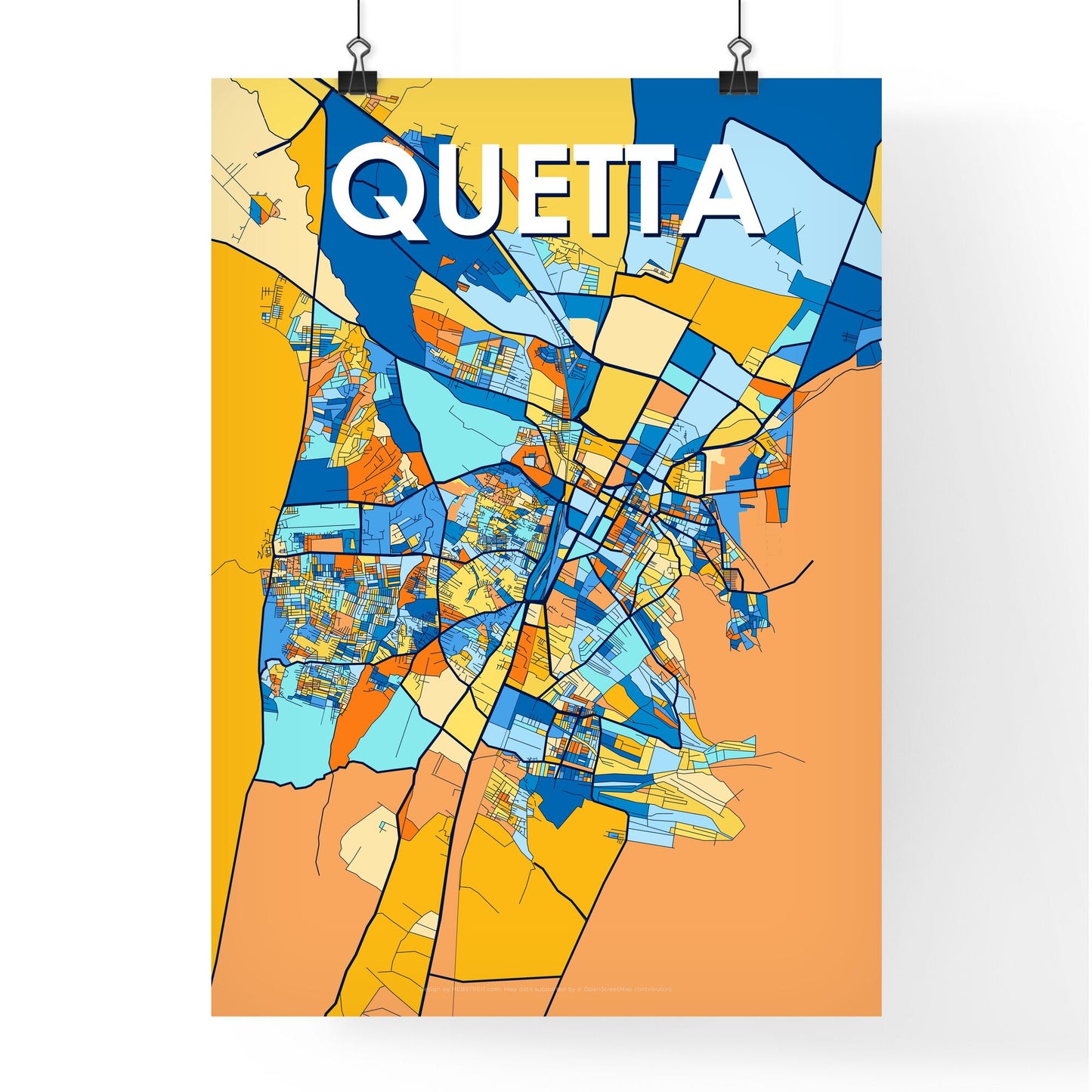 QUETTA PAKISTAN Vibrant Colorful Art Map Poster Blue Orange