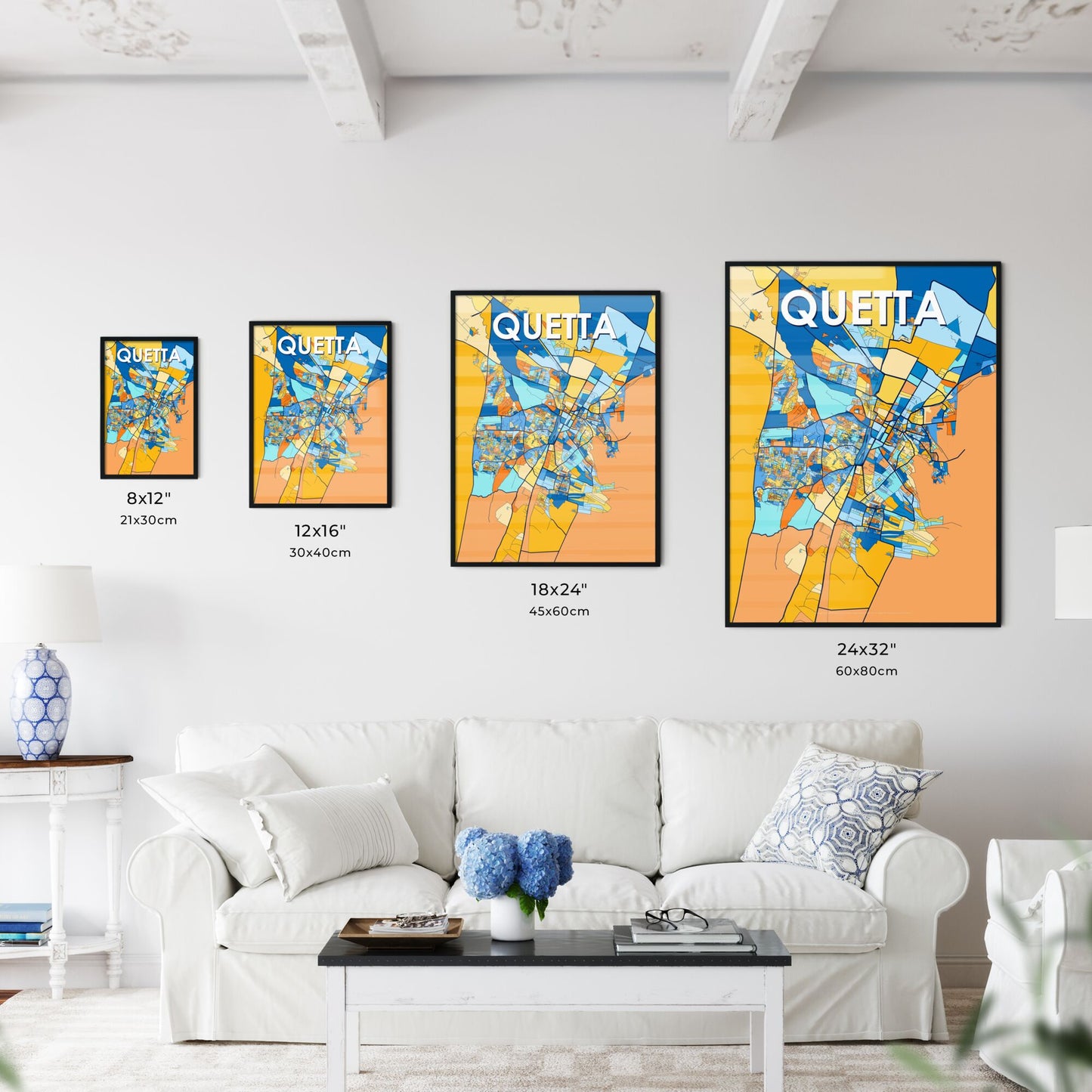 QUETTA PAKISTAN Vibrant Colorful Art Map Poster Blue Orange