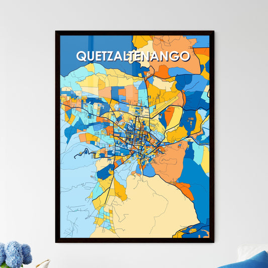 QUETZALTENANGO GUATEMALA Vibrant Colorful Art Map Poster Blue Orange