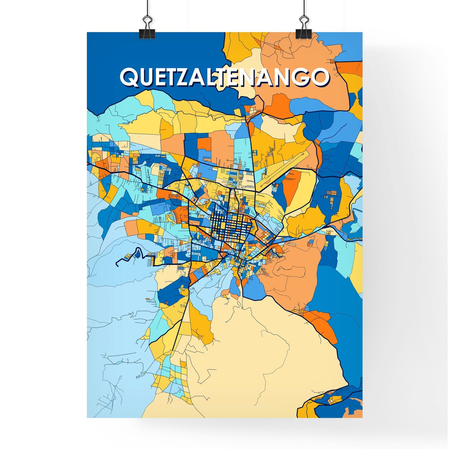 QUETZALTENANGO GUATEMALA Vibrant Colorful Art Map Poster Blue Orange