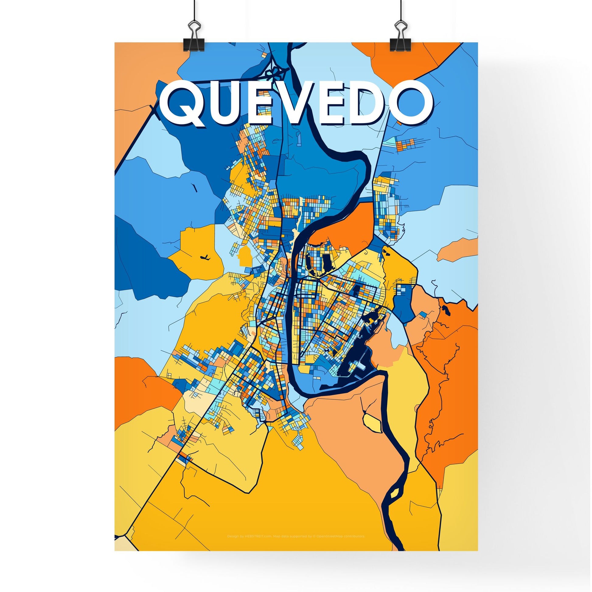 QUEVEDO ECUADOR Vibrant Colorful Art Map Poster Blue Orange