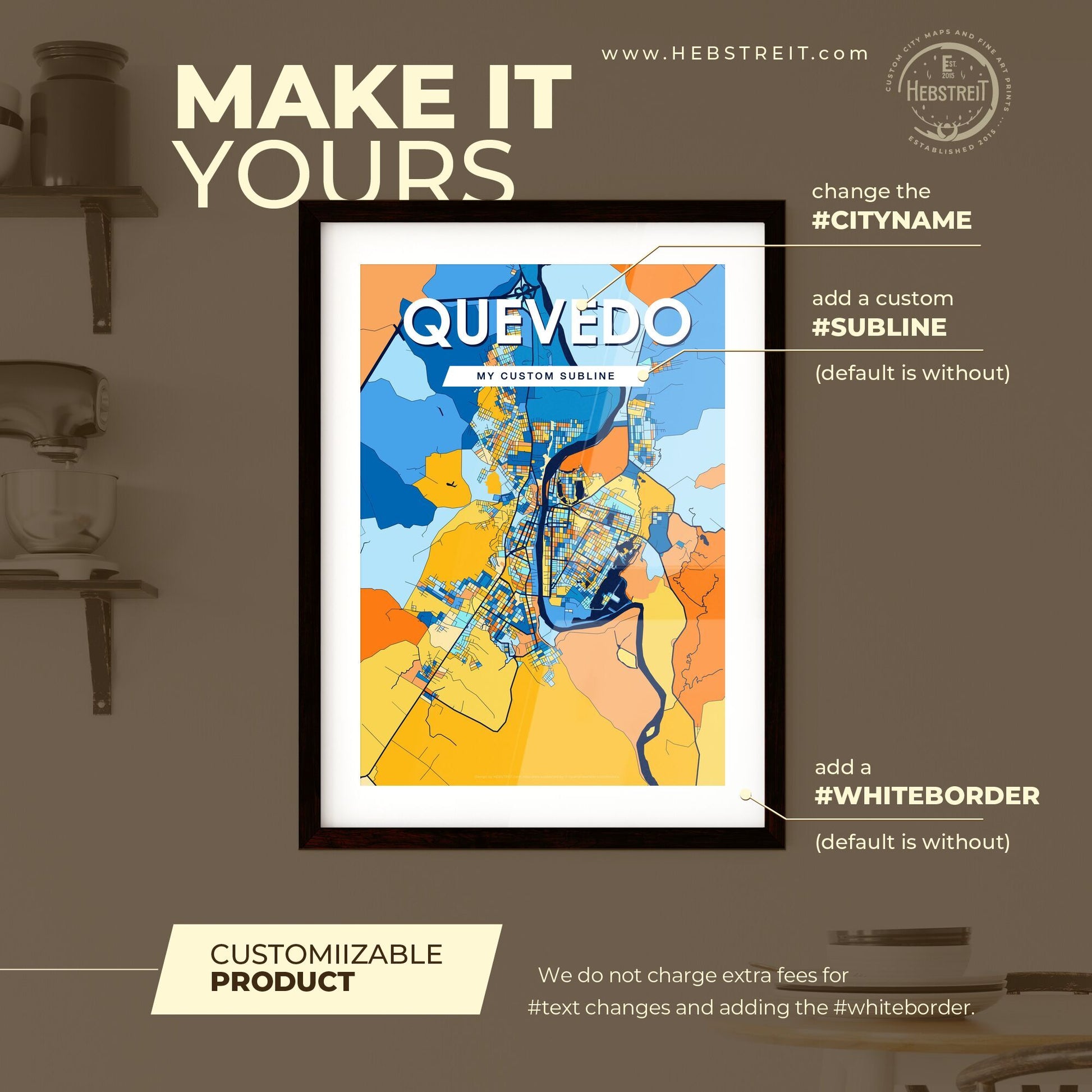 QUEVEDO ECUADOR Vibrant Colorful Art Map Poster Blue Orange