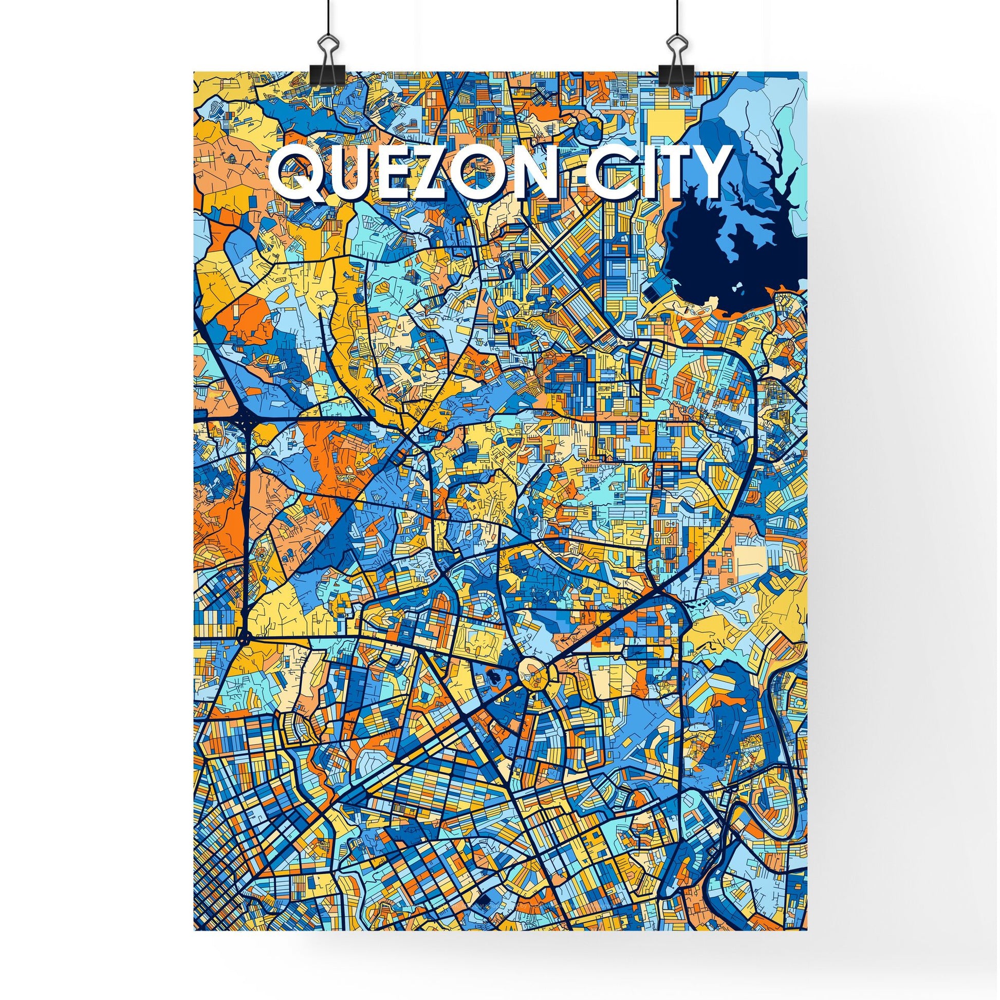 QUEZON CITY PHILIPPINES Vibrant Colorful Art Map Poster Blue Orange