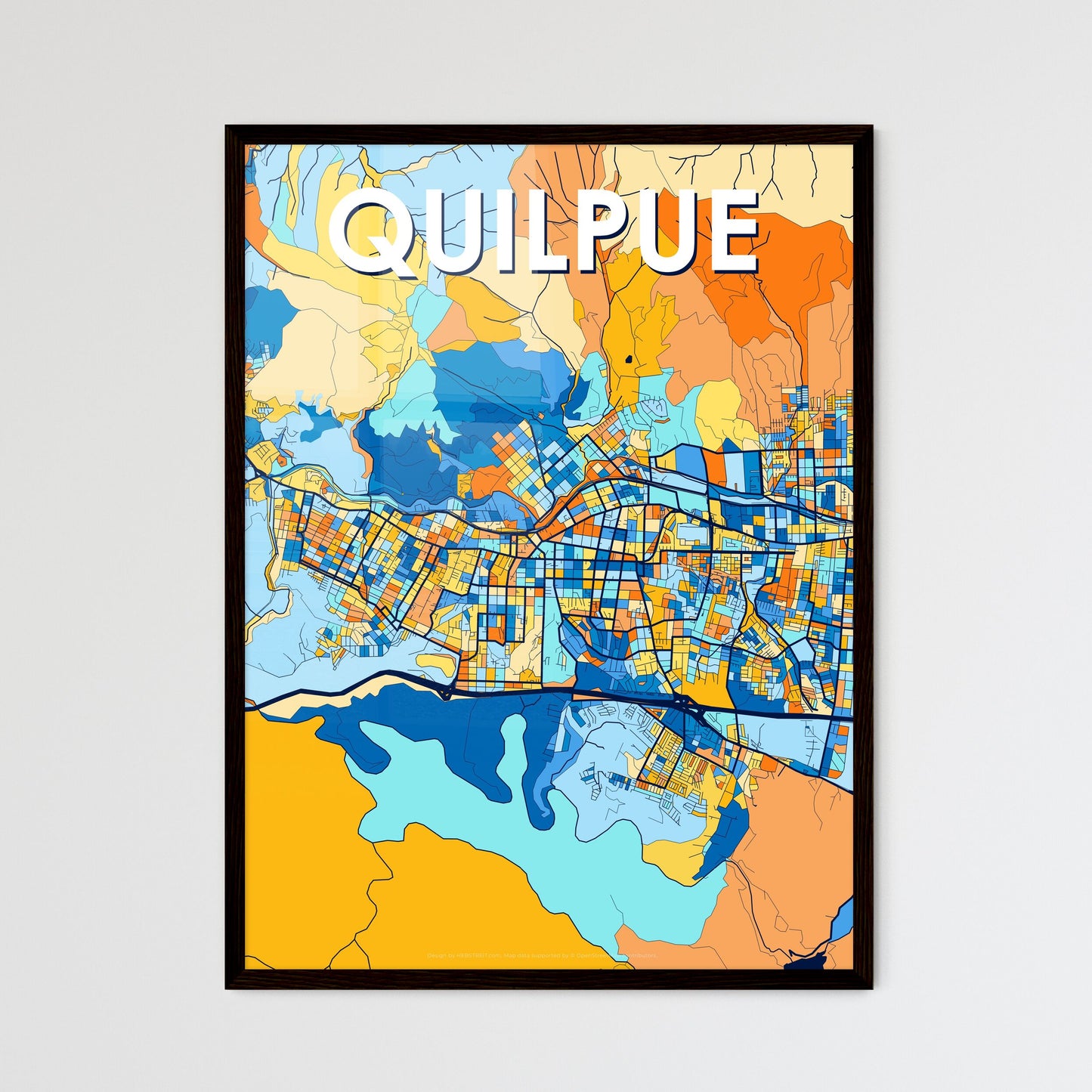 QUILPUE CHILE Vibrant Colorful Art Map Poster Blue Orange