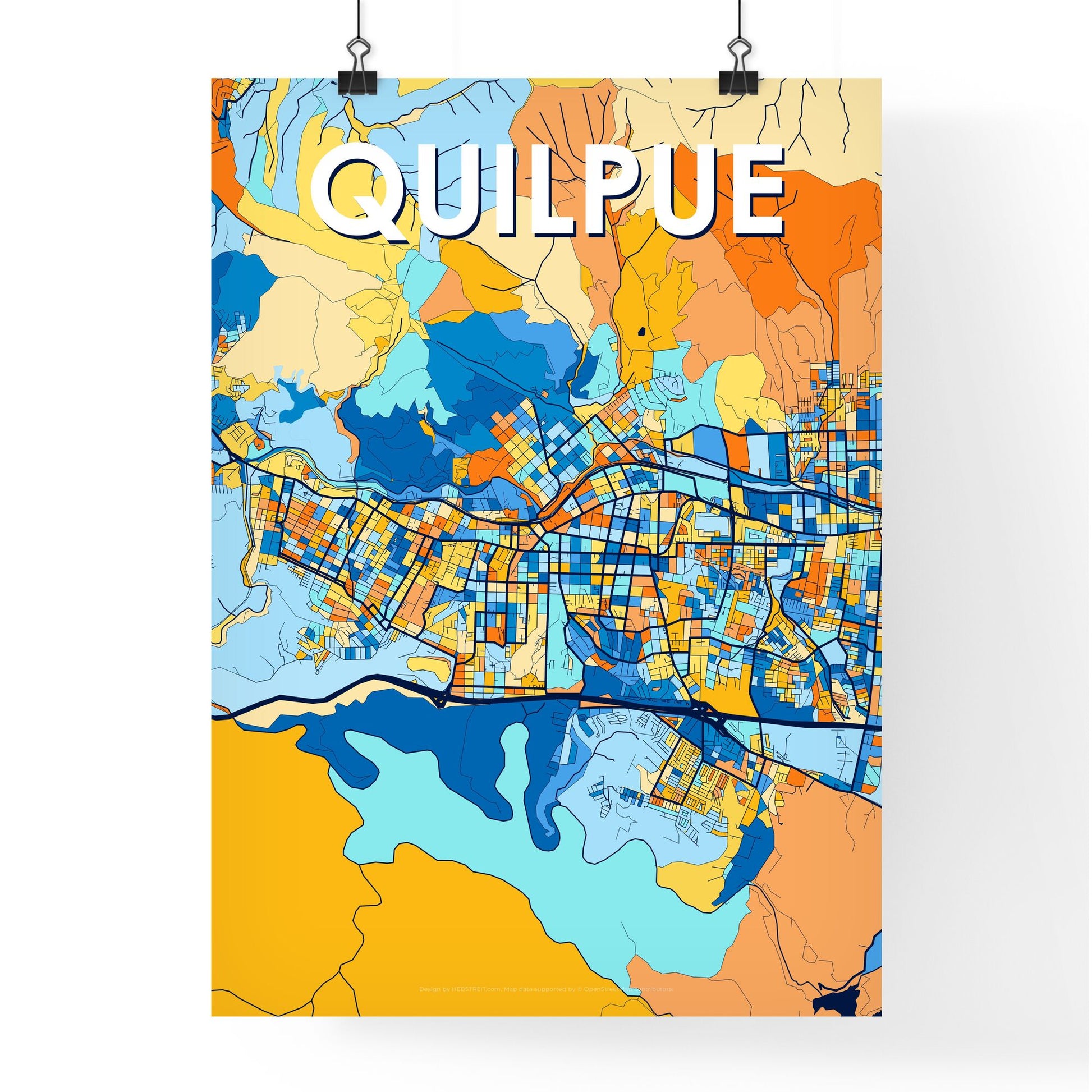 QUILPUE CHILE Vibrant Colorful Art Map Poster Blue Orange