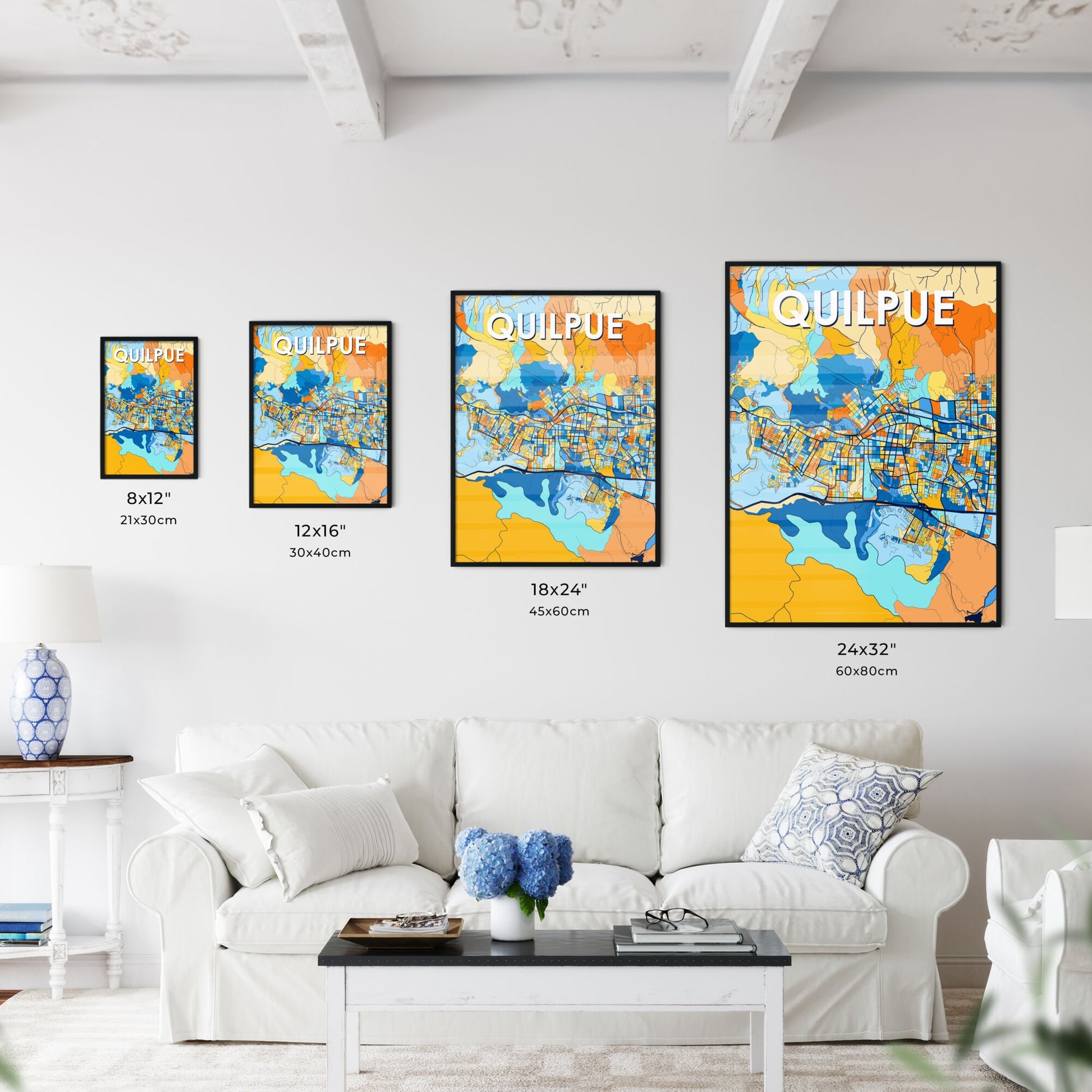 QUILPUE CHILE Vibrant Colorful Art Map Poster Blue Orange