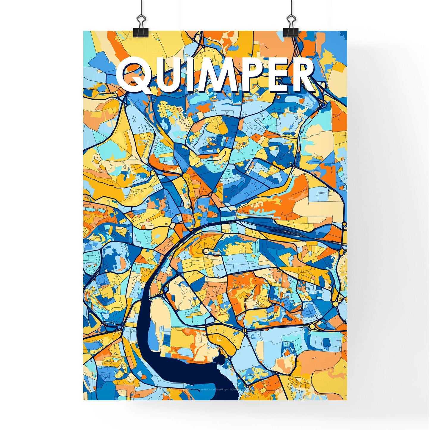 QUIMPER FRANCE Vibrant Colorful Art Map Poster Blue Orange