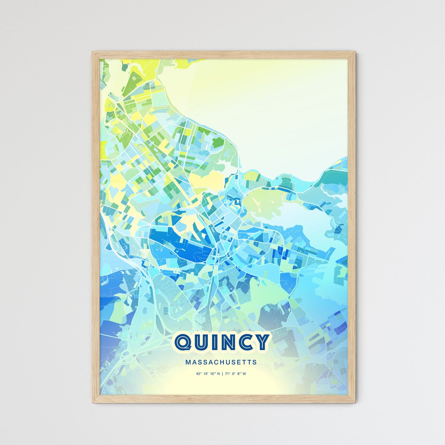 Colorful Quincy Massachusetts Fine Art Map Cool Blue