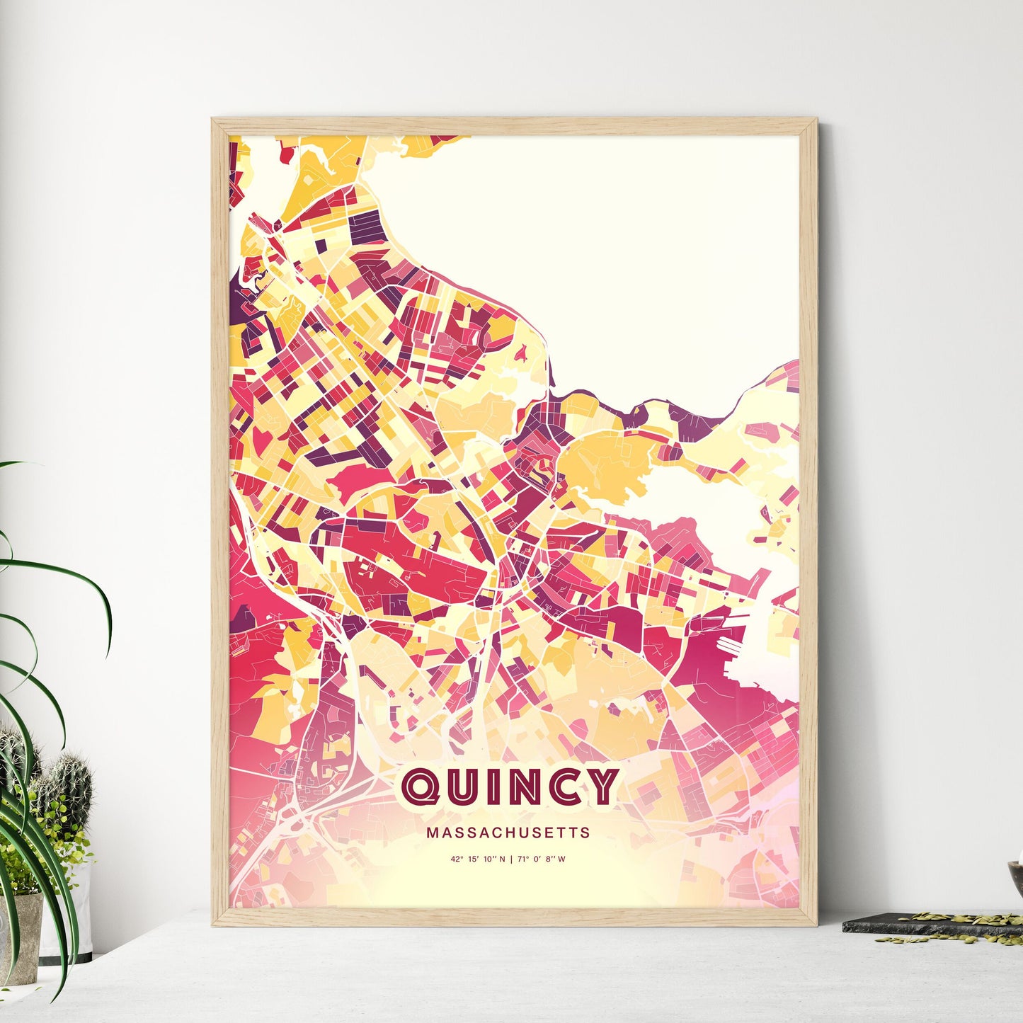 Colorful Quincy Massachusetts Fine Art Map Hot Red