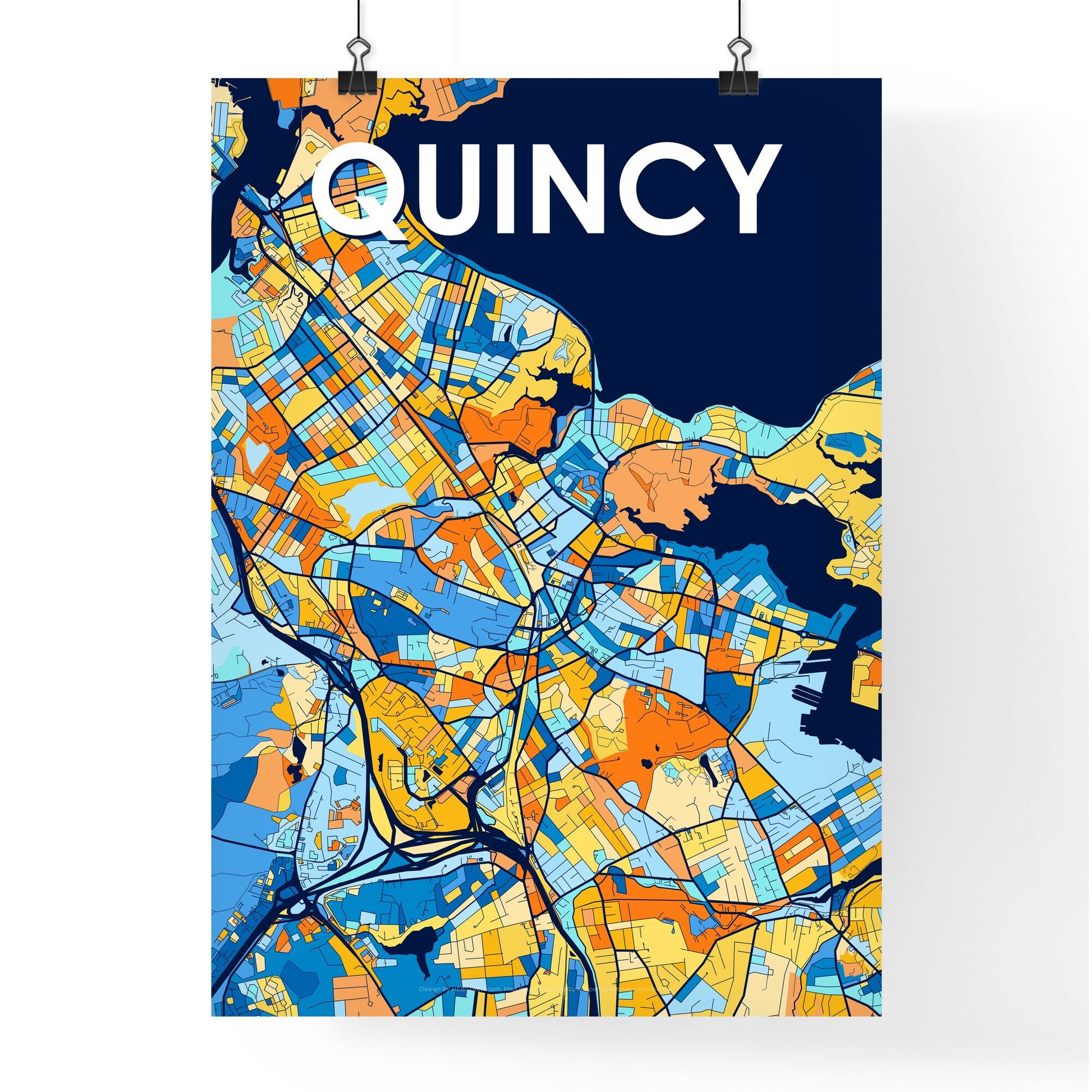 QUINCY MASSACHUSETTS Vibrant Colorful Art Map Poster Blue Orange