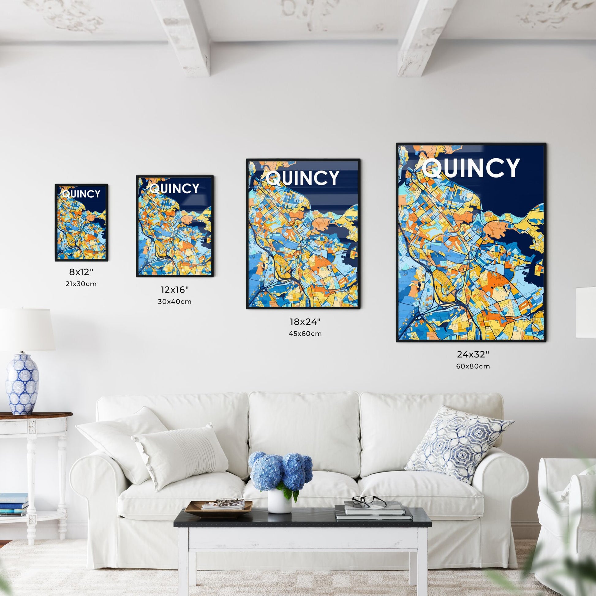 QUINCY MASSACHUSETTS Vibrant Colorful Art Map Poster Blue Orange