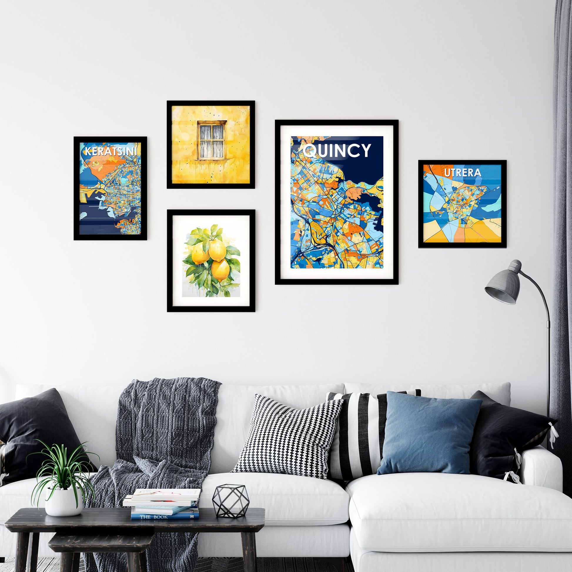 QUINCY MASSACHUSETTS Vibrant Colorful Art Map Poster Blue Orange