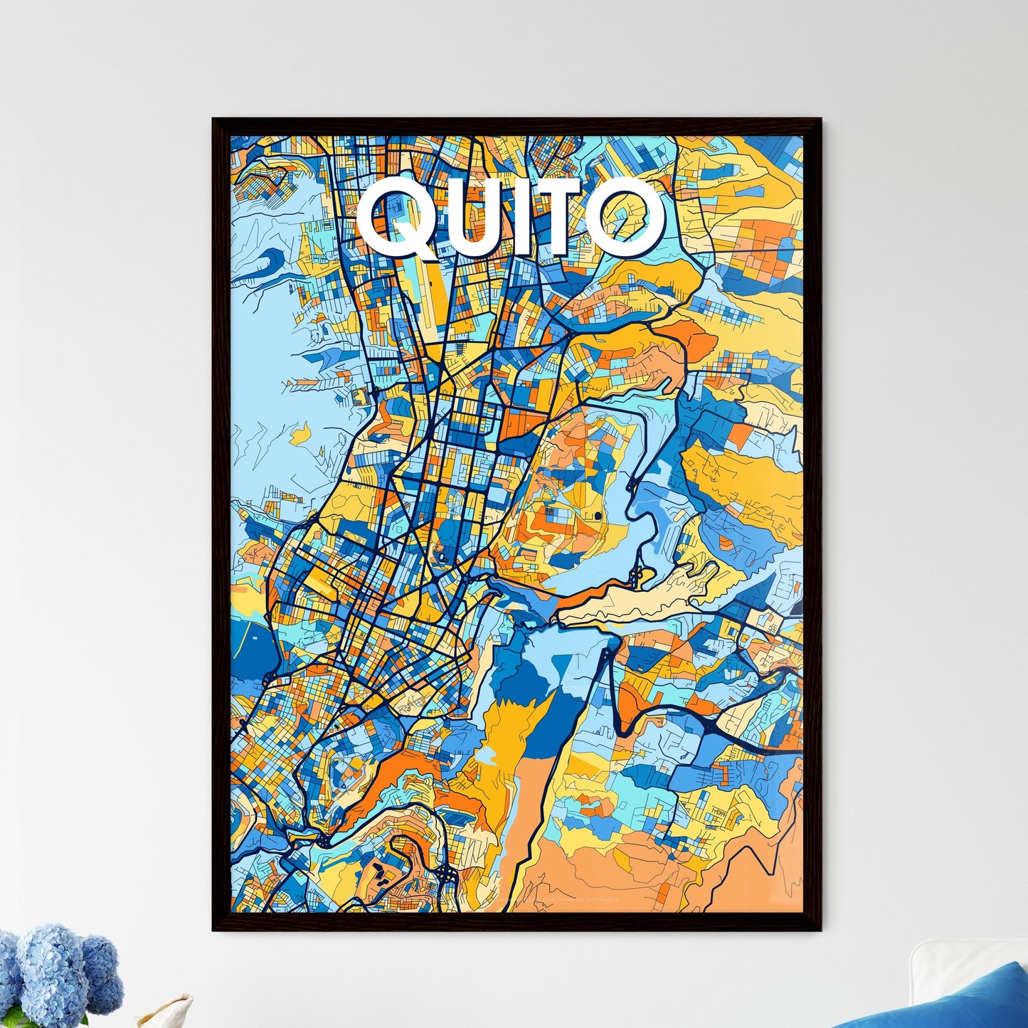 QUITO ECUADOR Vibrant Colorful Art Map Poster Blue Orange