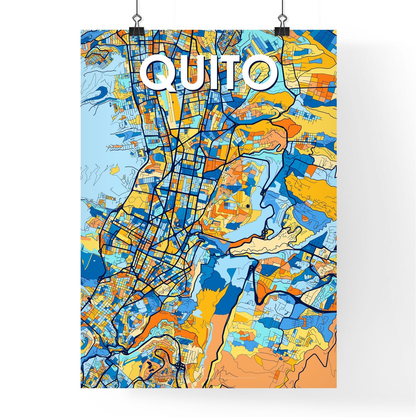 QUITO ECUADOR Vibrant Colorful Art Map Poster Blue Orange