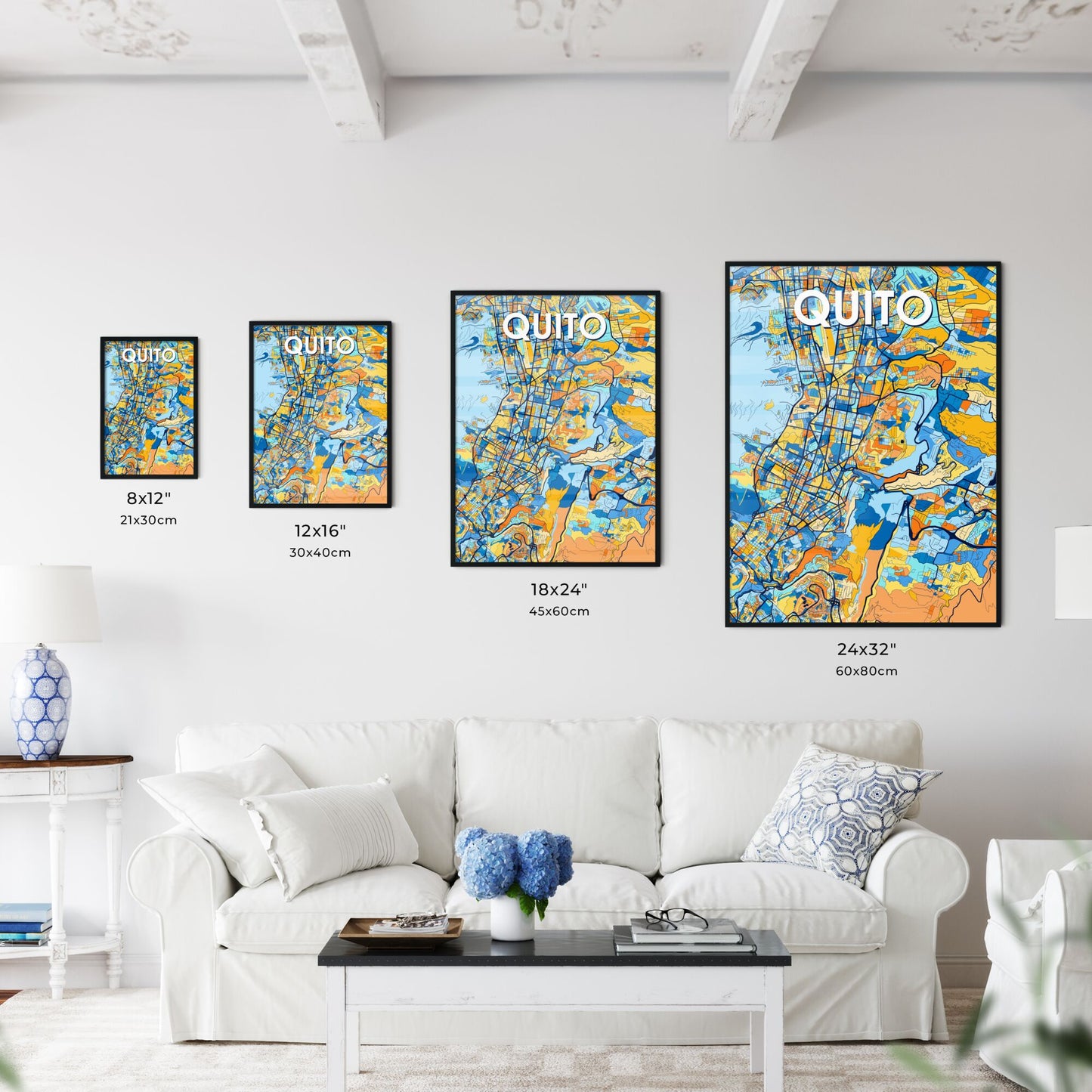 QUITO ECUADOR Vibrant Colorful Art Map Poster Blue Orange