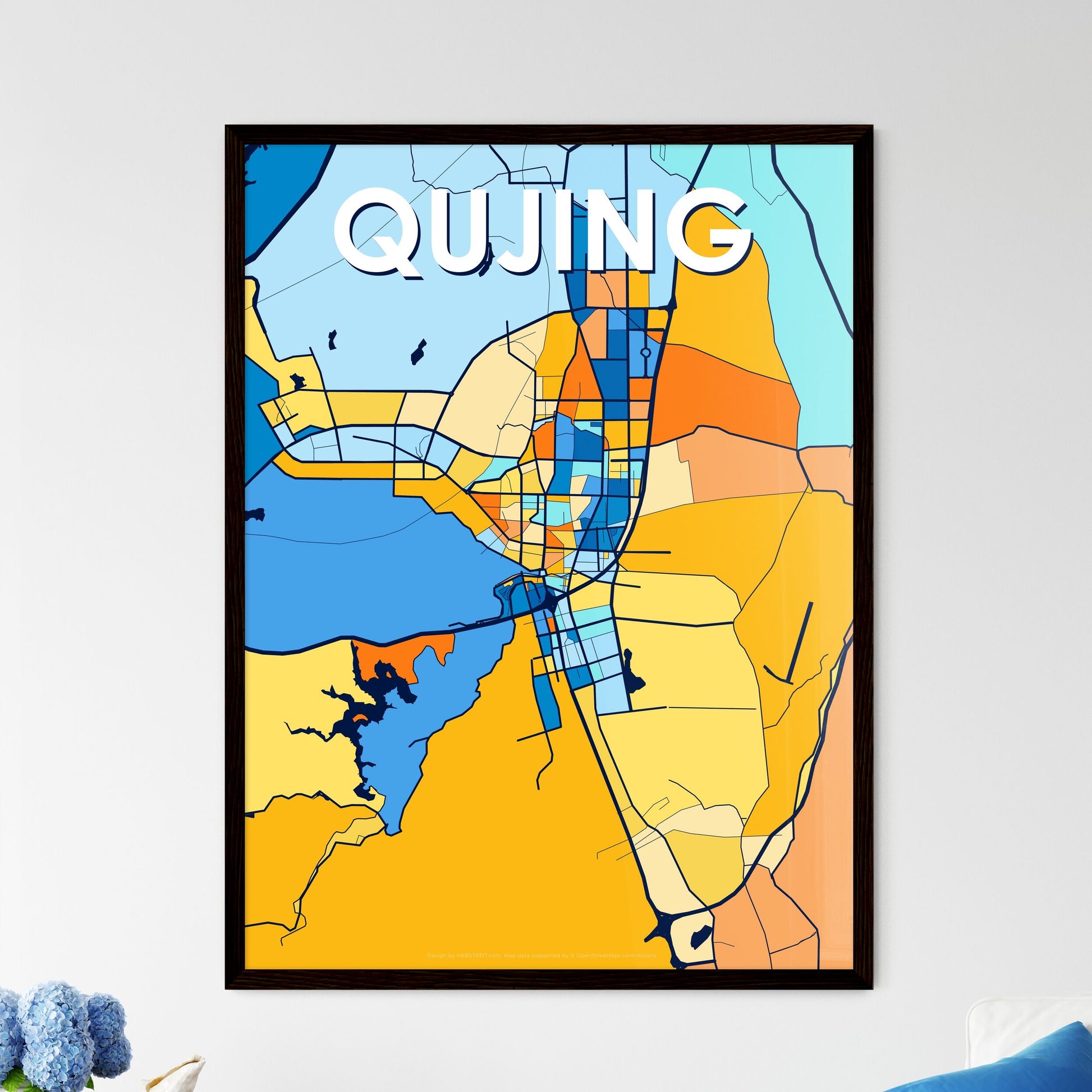 QUJING CHINA Vibrant Colorful Art Map Poster Blue Orange