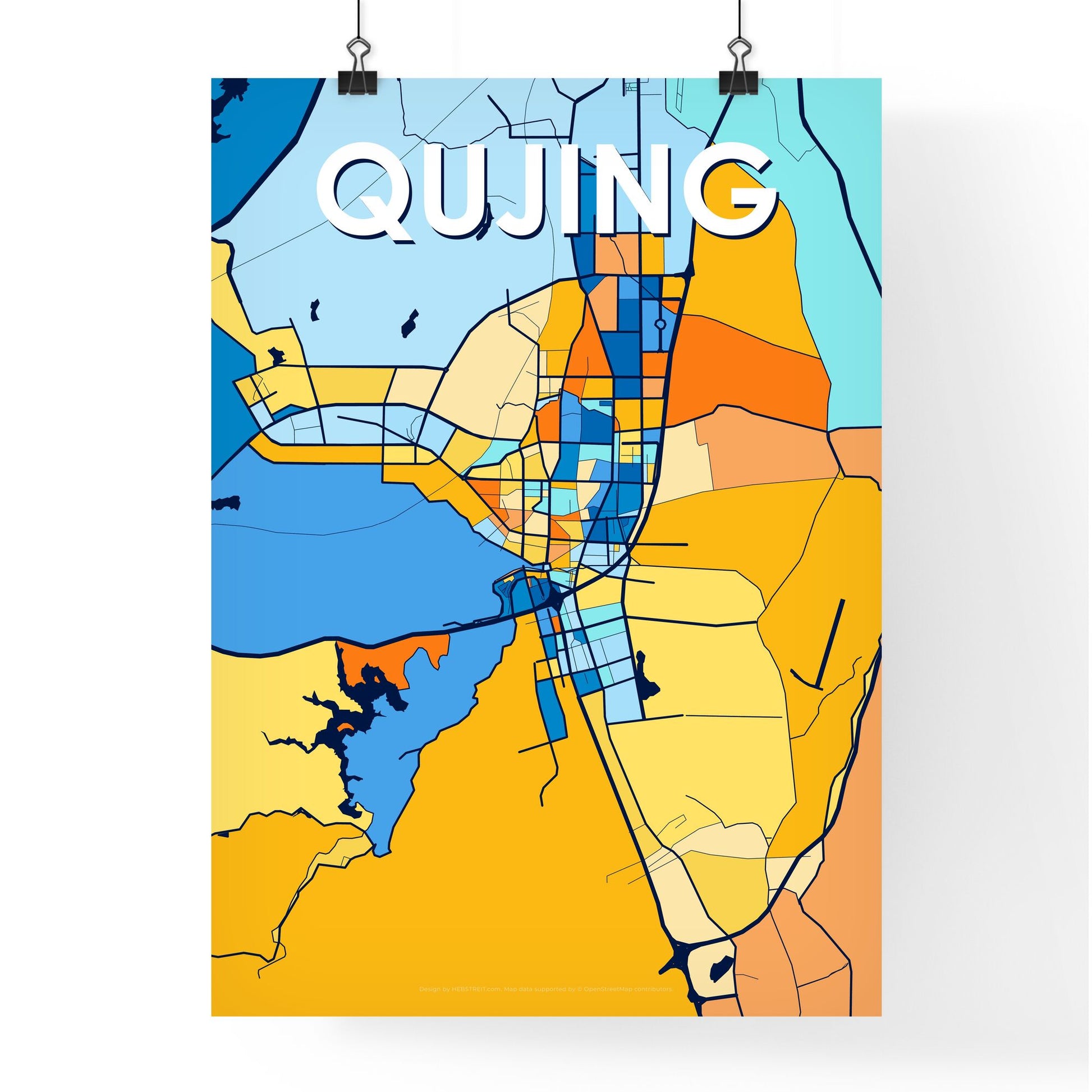 QUJING CHINA Vibrant Colorful Art Map Poster Blue Orange