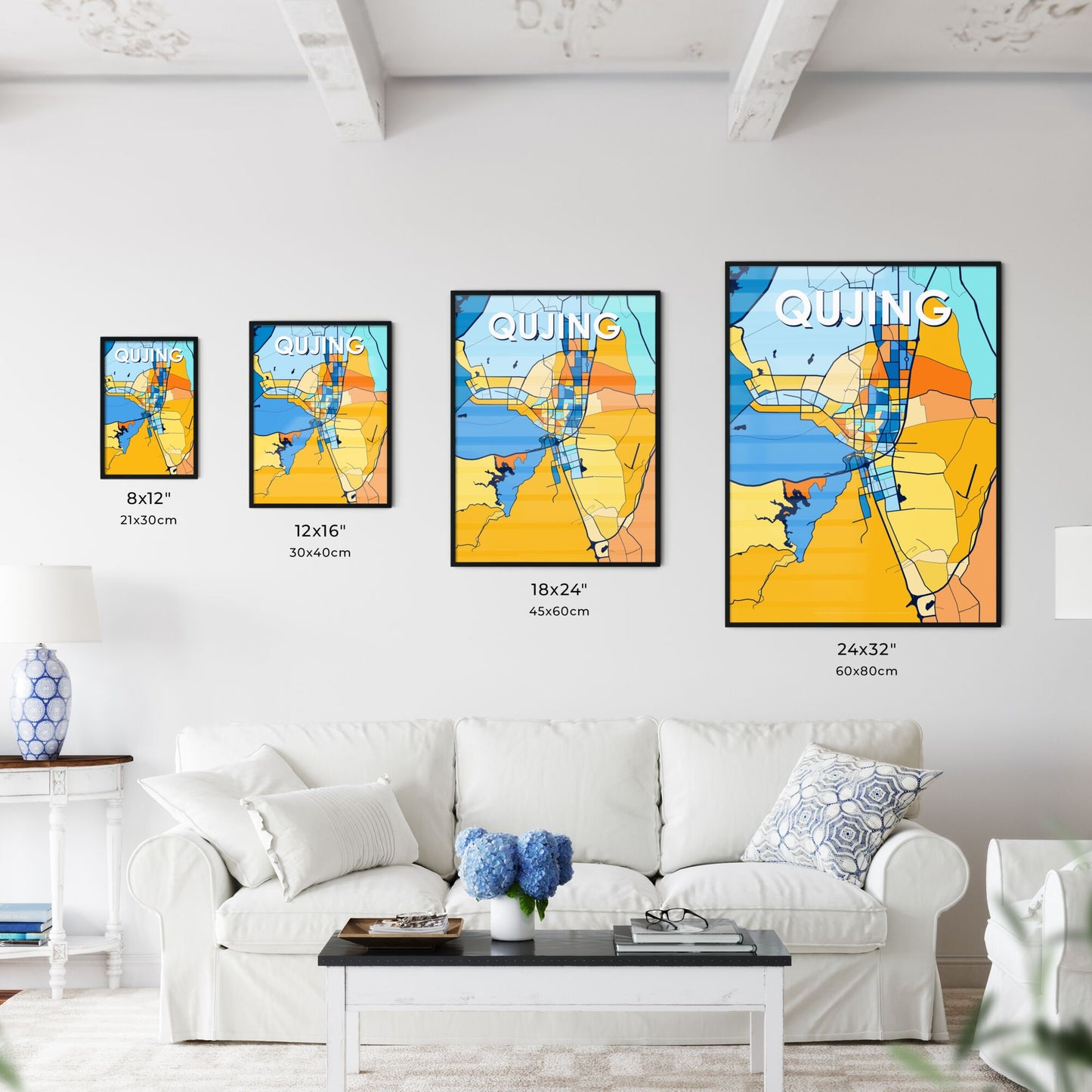 QUJING CHINA Vibrant Colorful Art Map Poster Blue Orange