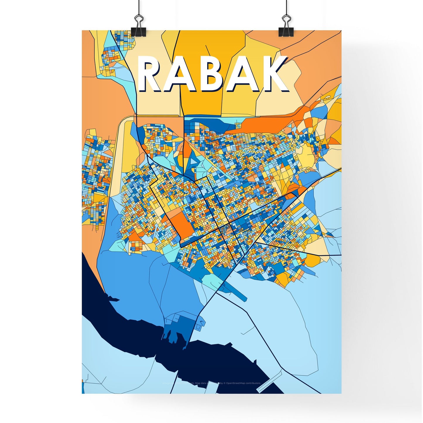 RABAK SUDAN Vibrant Colorful Art Map Poster Blue Orange