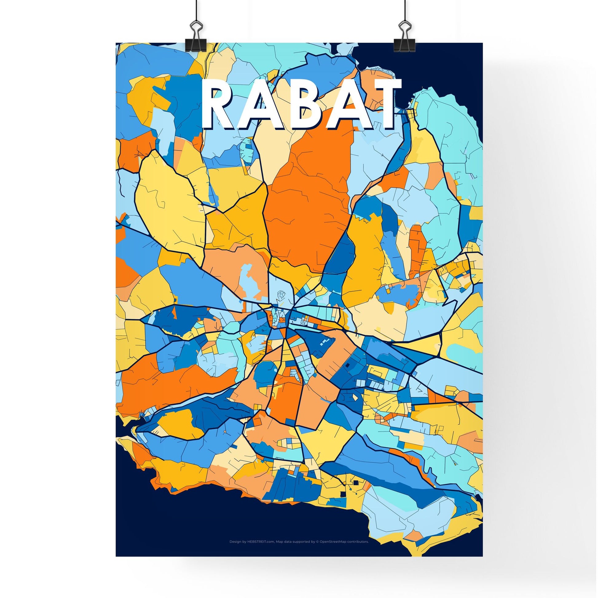 RABAT MALTA Vibrant Colorful Art Map Poster Blue Orange