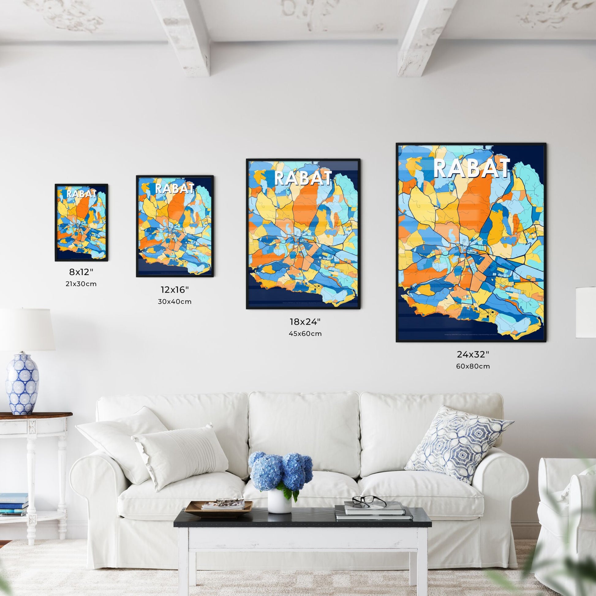 RABAT MALTA Vibrant Colorful Art Map Poster Blue Orange