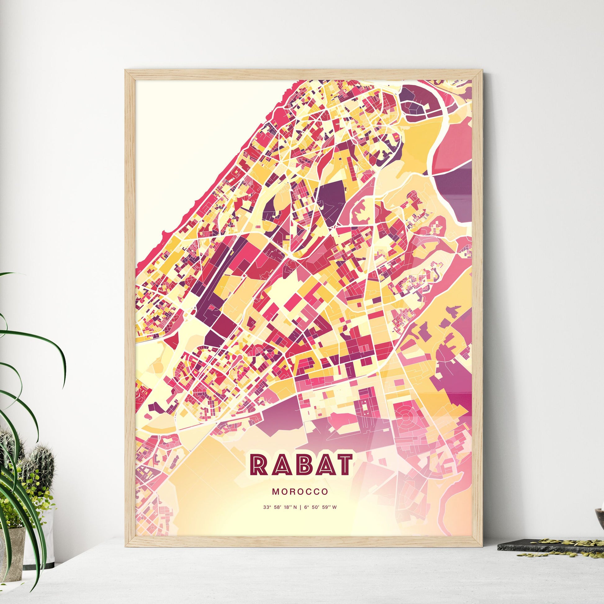 Colorful Rabat Morocco Fine Art Map Hot Red