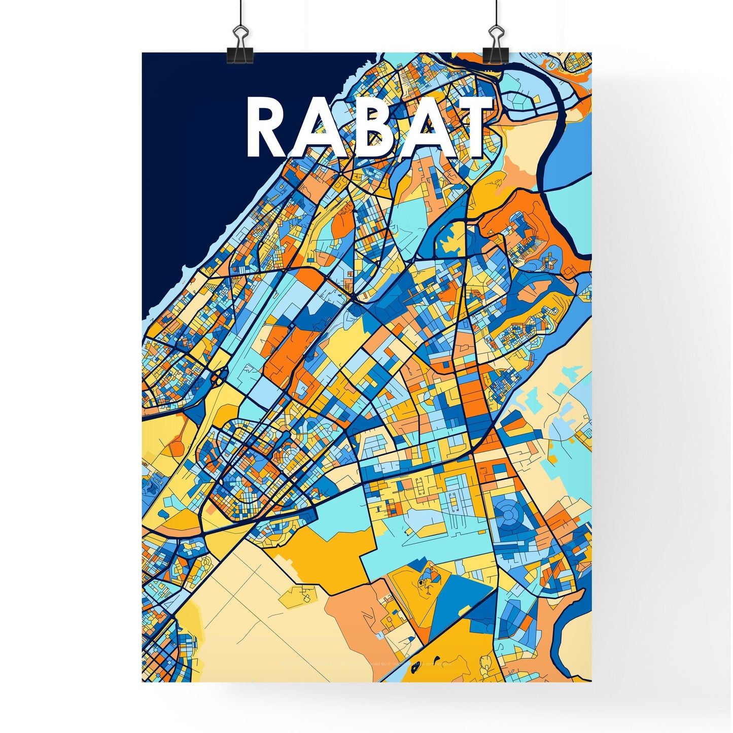 RABAT MOROCCO Vibrant Colorful Art Map Poster Blue Orange