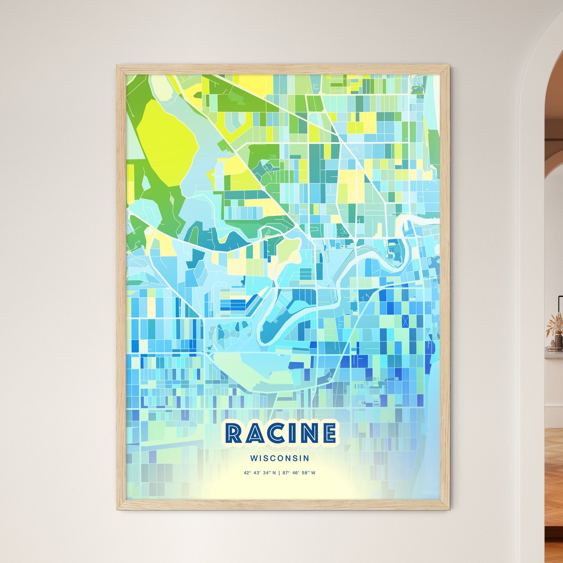 Colorful Racine Wisconsin Fine Art Map Cool Blue