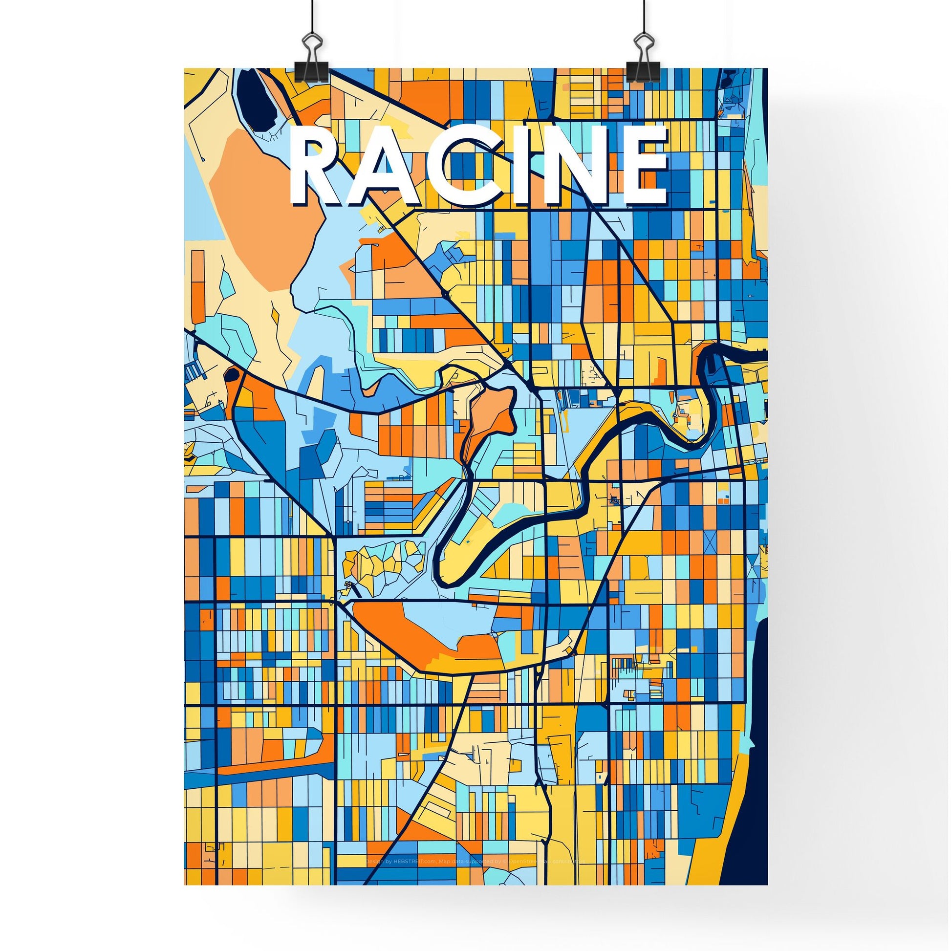 RACINE WISCONSIN Vibrant Colorful Art Map Poster Blue Orange